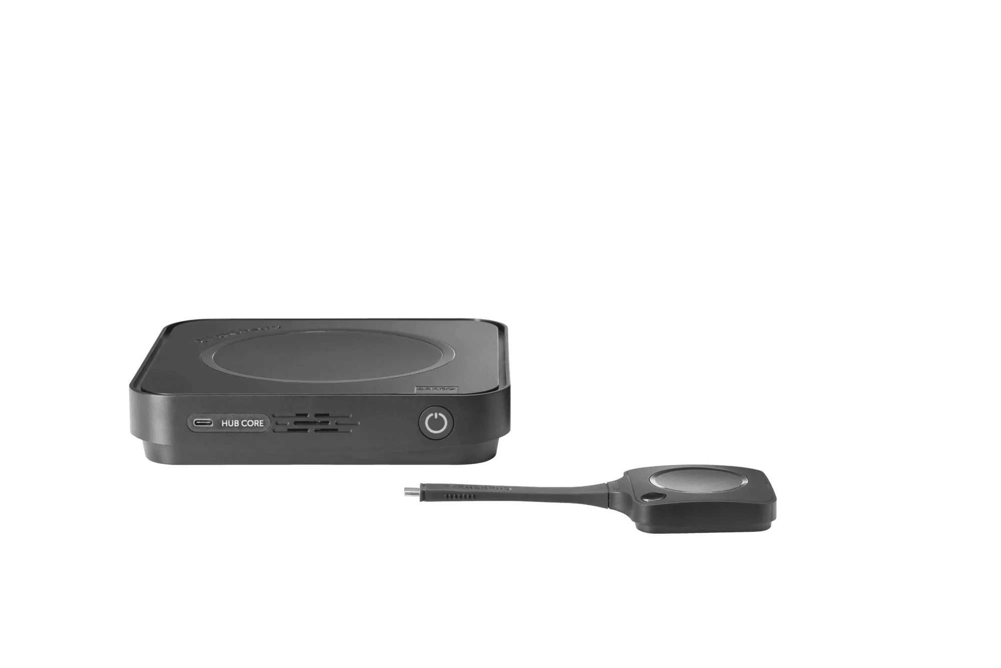 Barco ClickShare Hub Core base unit shown front-left with one ClickShare Hub Button