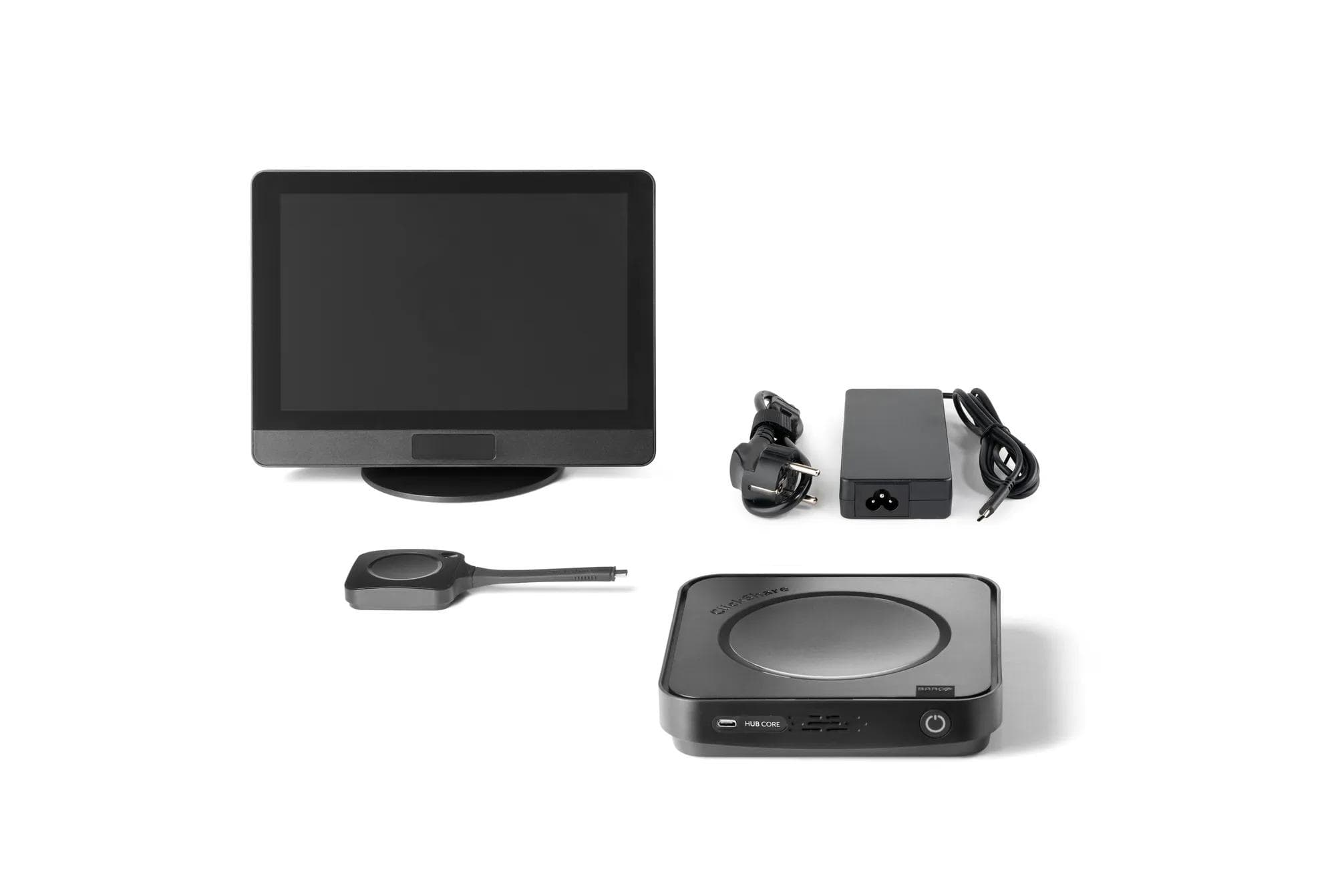 Barco ClickShare Hub Core and Control Panel Kit contents — Control Panel, Hub Core base unit, one Hub Button and the power supply