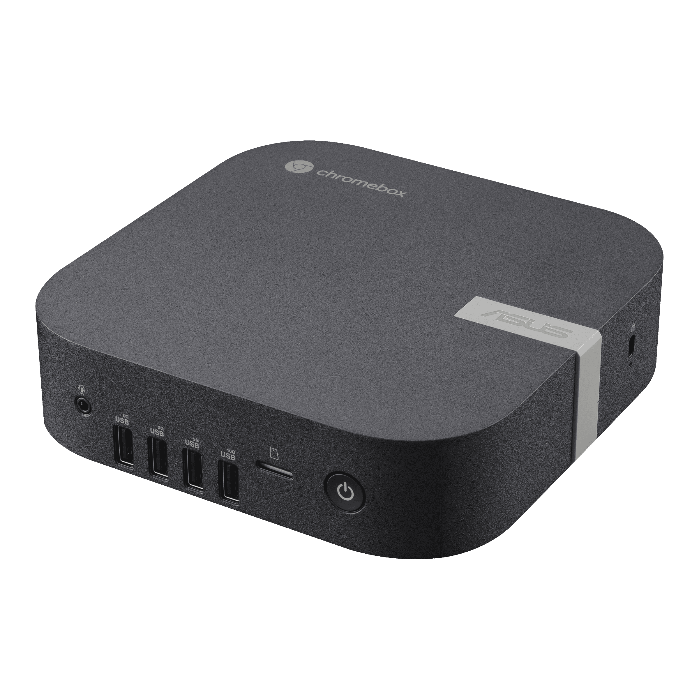 ASUS Chromebox 5a, official ASUS product image of the black ChromeOS mini PC showing the front port bank