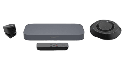 ASUS Room Kit for Google Meet Starter Kit, official ASUS product image showing the four items in the kit: the ePTZ camera, the compute system, the remote control and the speakerphone