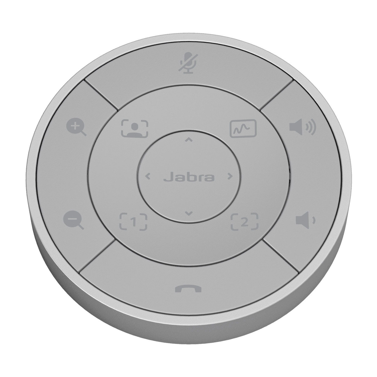 Jabra PanaCast 50 remote control in grey. Manufacturer product shot.