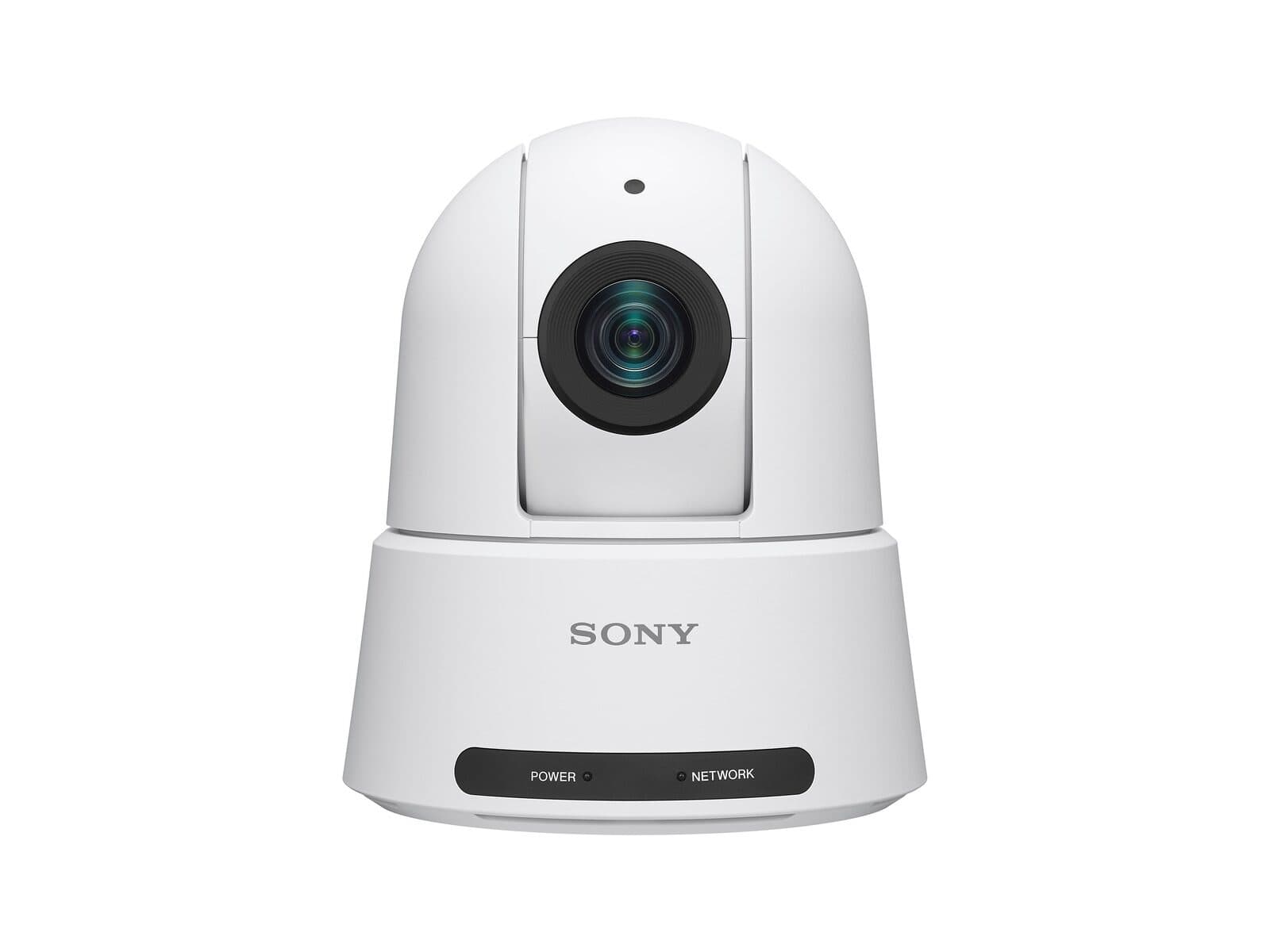 Sony SRG-A12 4K PTZ auto framing camera (white) — front three-quarter. Sony uses one photo set for the SRG-A series, so this shot also represents the SRG-A40 chassis.