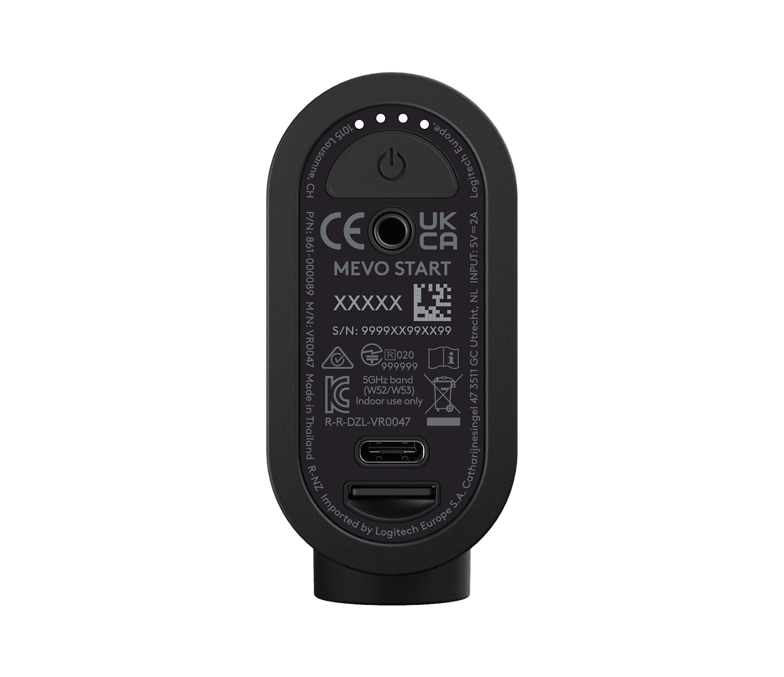 Logitech Mevo Start for Business streaming camera, front view showing the lens and microphone grille — Logitech publishes one photograph across the Mevo Start range; it does not show how many cameras this part number contains.