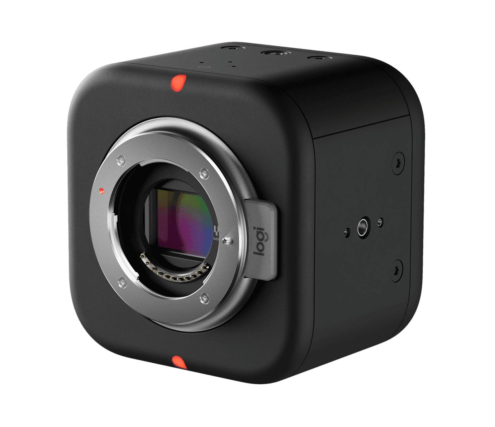 Logitech Mevo Core for Business camera body in graphite, front angle view with no lens fitted