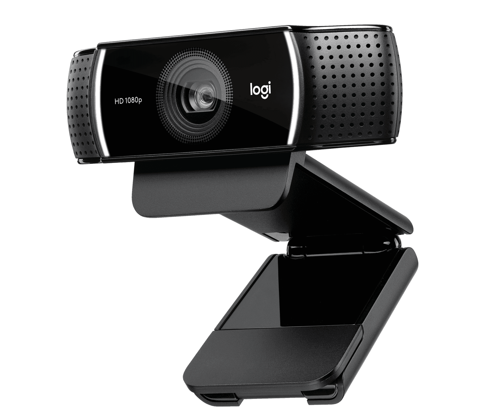 Logitech C922 Pro Stream webcam in black, front three-quarter view on its hinged clip