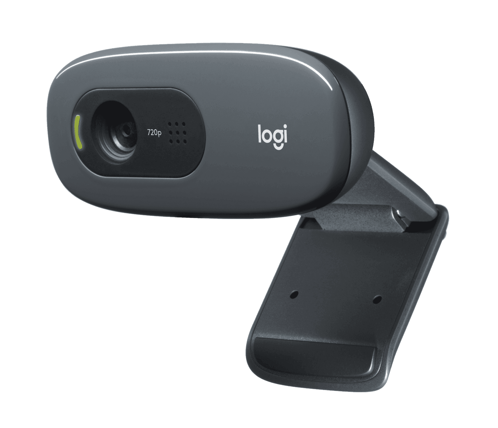 Logitech C270 HD webcam in black, front three-quarter view on its hinged universal clip
