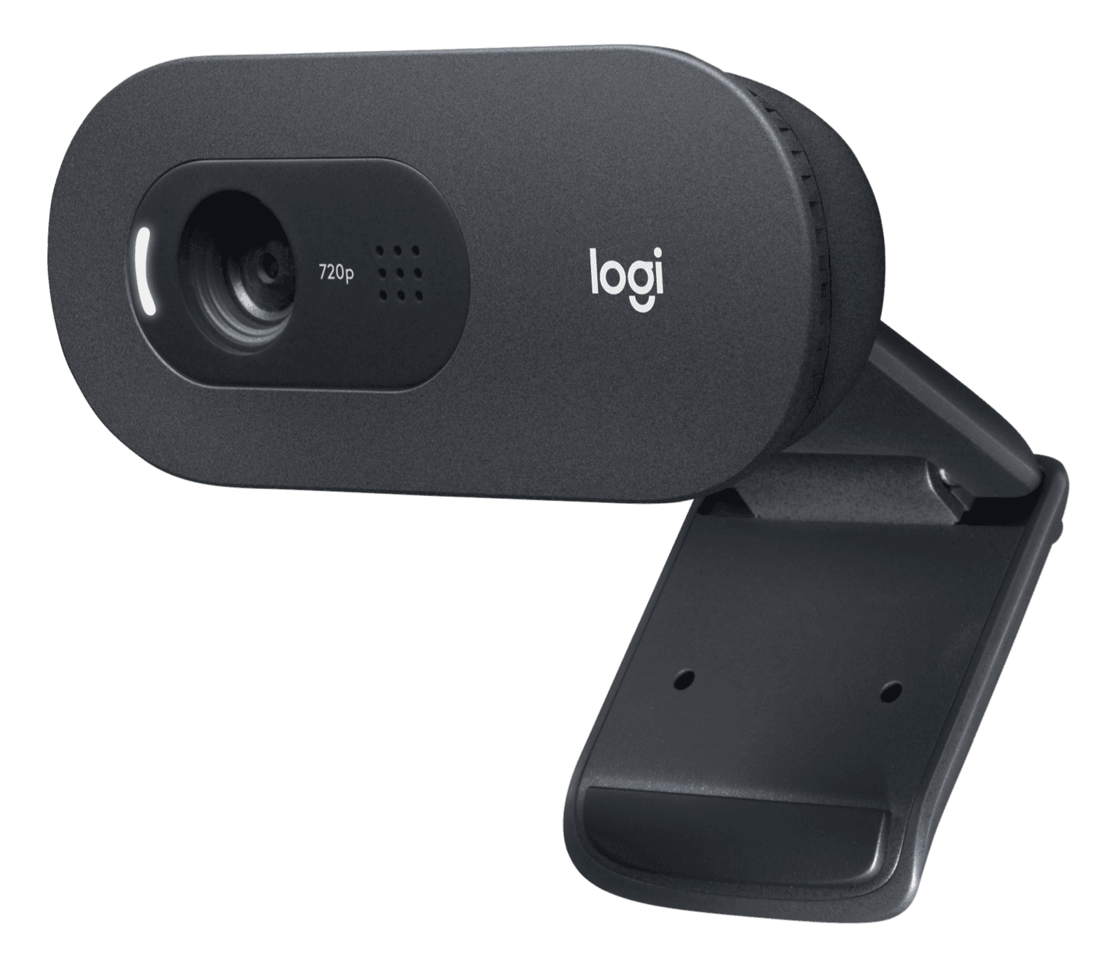 Logitech C505e business webcam in graphite, front three-quarter view on its universal clip