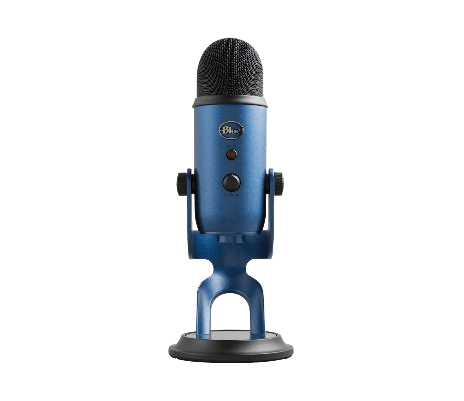 Logitech Yeti USB microphone in midnight blue, front view on its pivoting desk stand