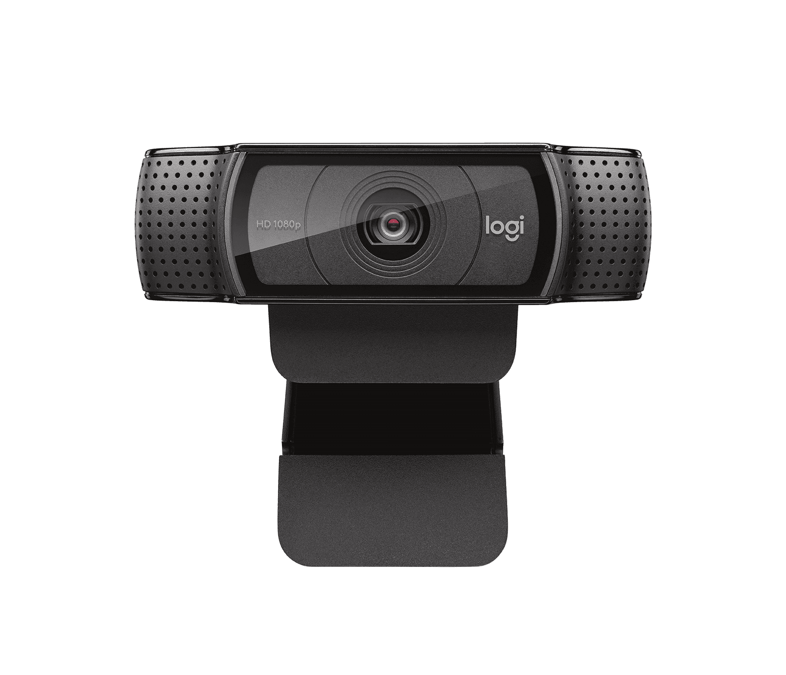 Logitech C920e business webcam in black, front three-quarter view on its universal clip
