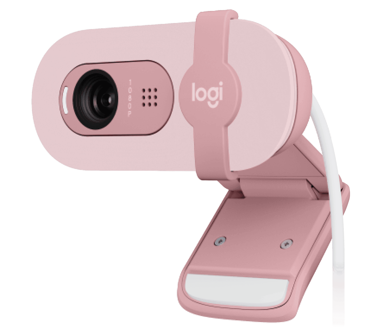 Logitech Brio 100 webcam in rose, front three-quarter view showing the lens and the sliding privacy shutter