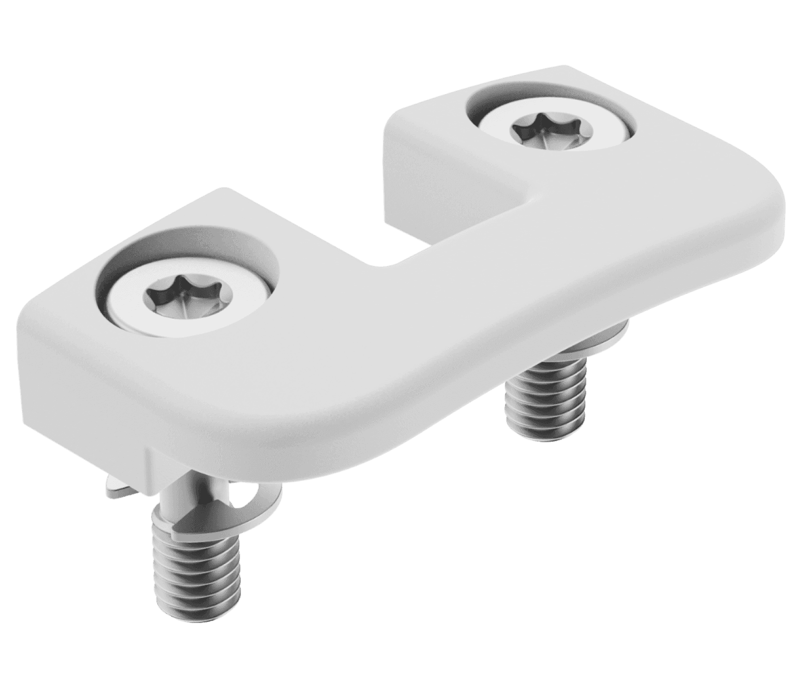 Logitech Scribe Secure Latch in off-white, isometric view of the metal latch