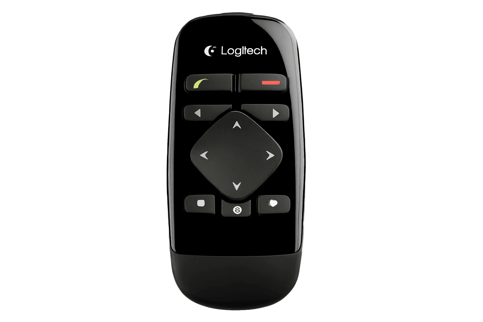 Logitech BCC950 ConferenceCam remote control handset in black, front view of the button layout