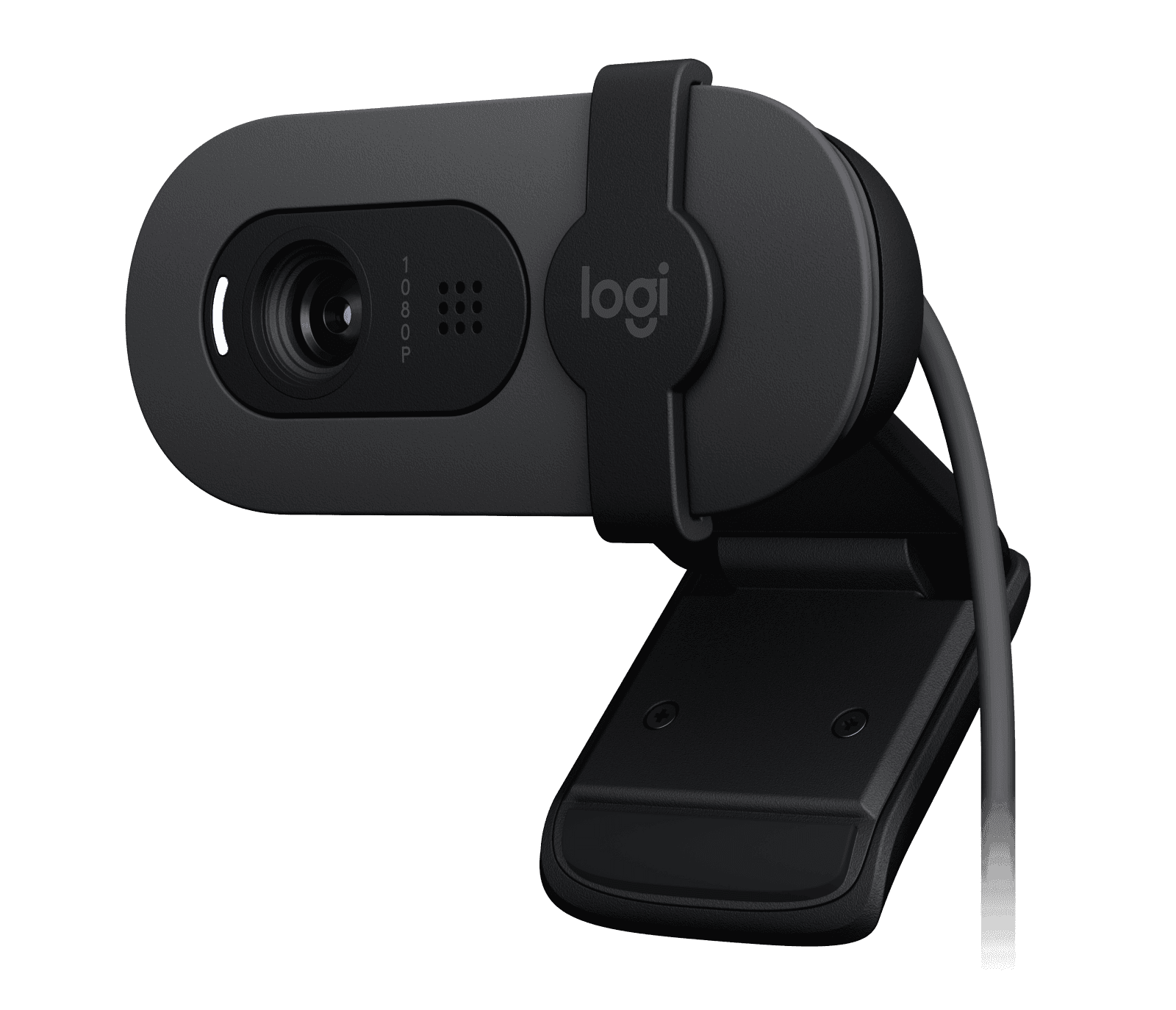 Logitech Brio 105 business webcam in graphite, front three-quarter view showing the lens and sliding privacy shutter — Logitech publishes one photograph for this camera across its consumer and business part numbers; the hardware is identical.