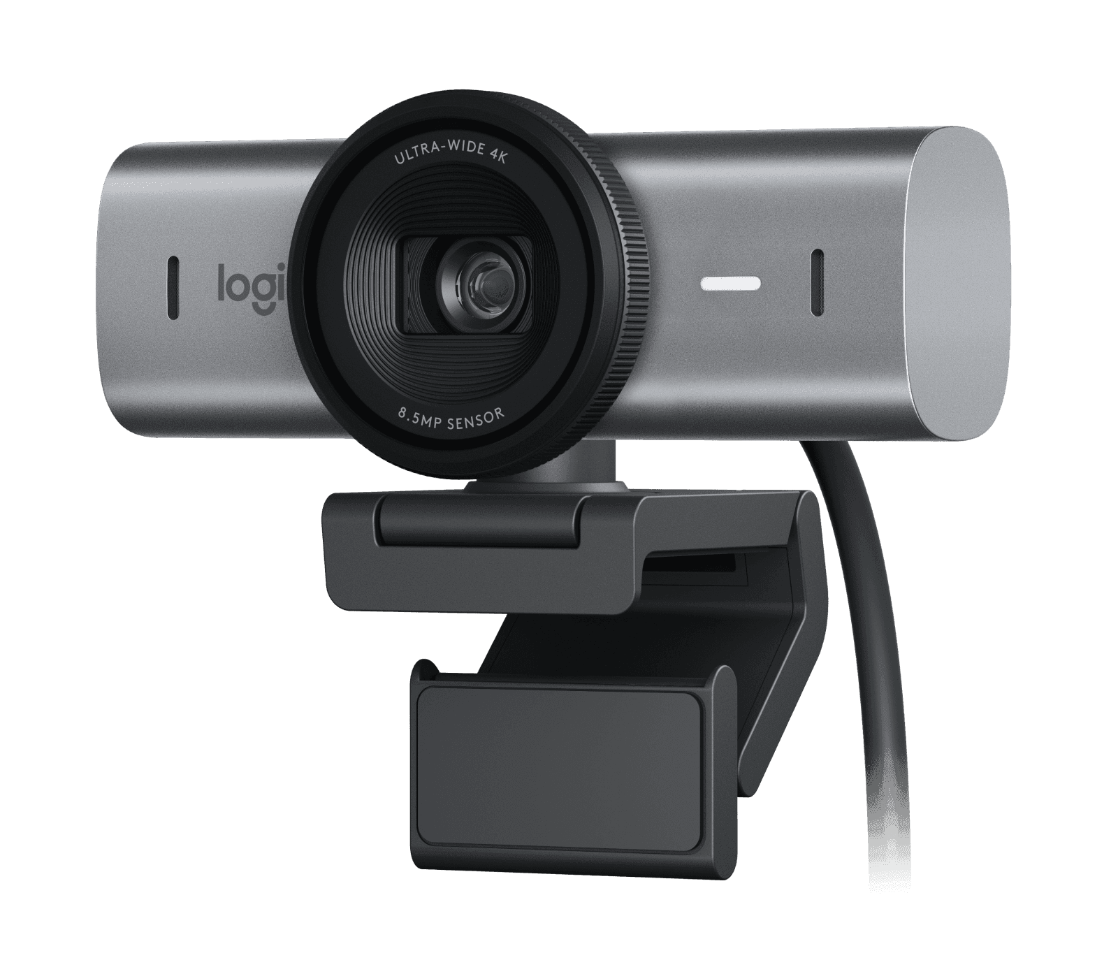 Logitech MX Brio 705 for Business in graphite, front three-quarter view of the aluminium camera on its clip