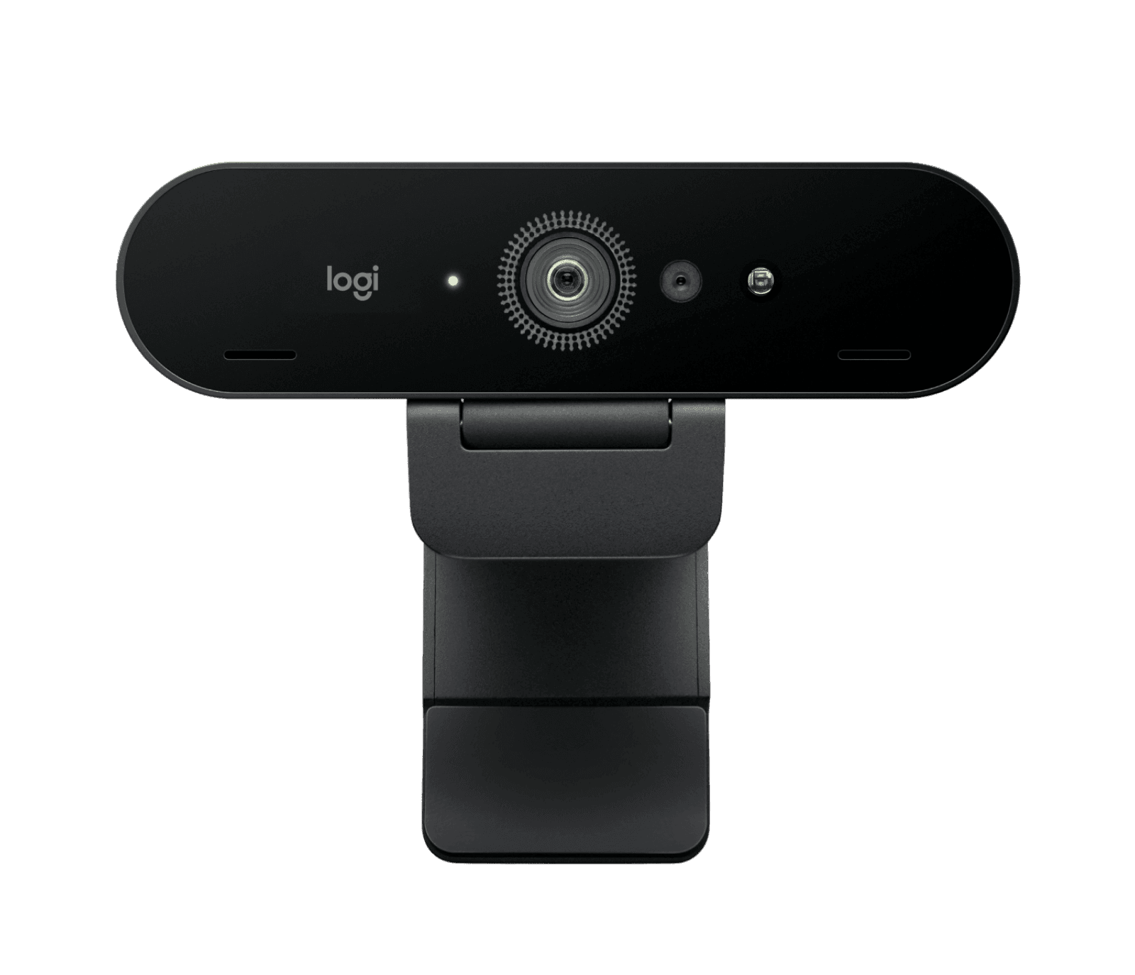 Logitech Brio 4K webcam in black, front three-quarter view showing the lens array and infrared sensor — Logitech publishes one photograph for both packages of this 4K camera; the hardware is identical.