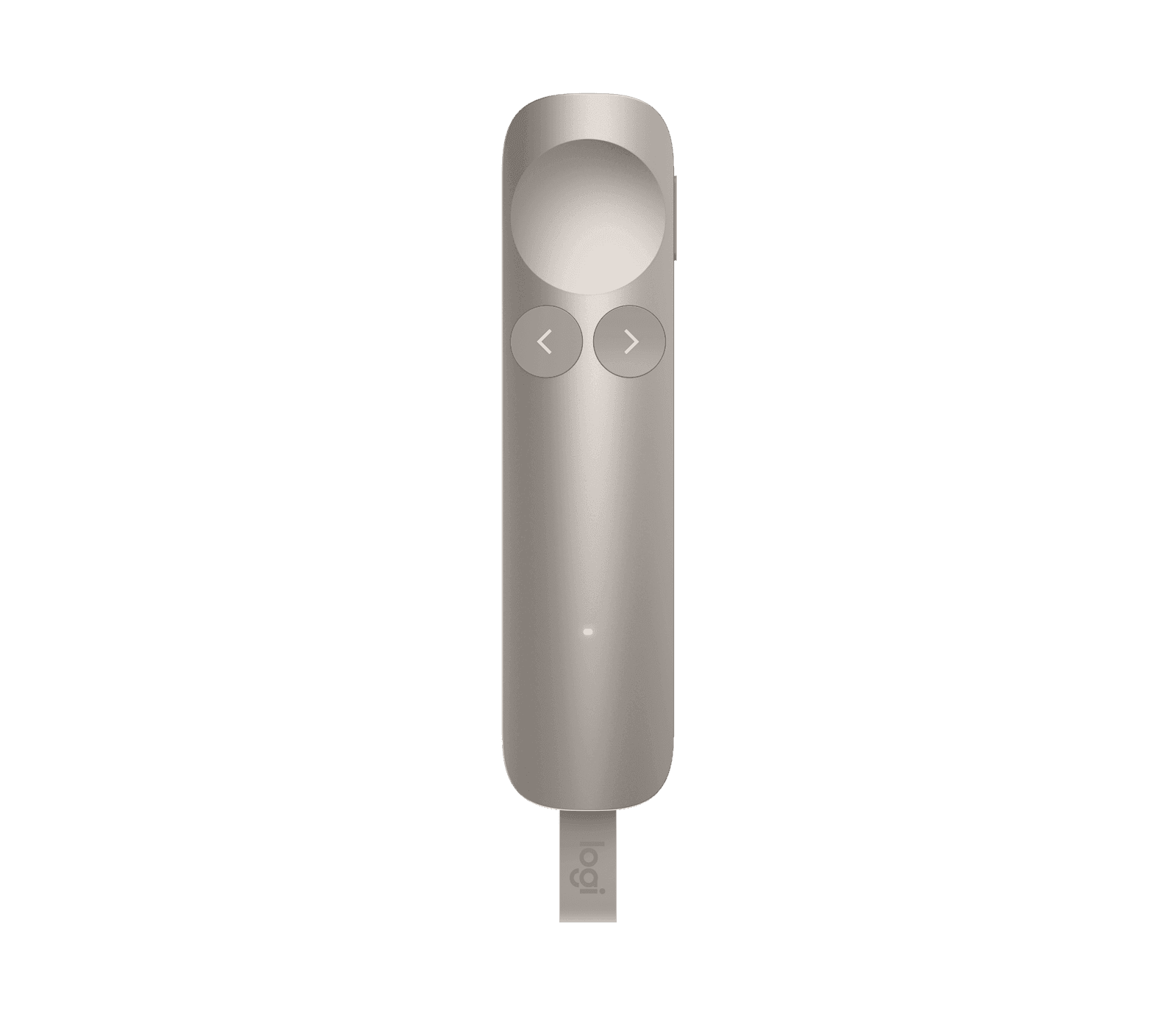 Logitech Spotlight 2 presentation remote in sand, viewed from the top showing the three buttons