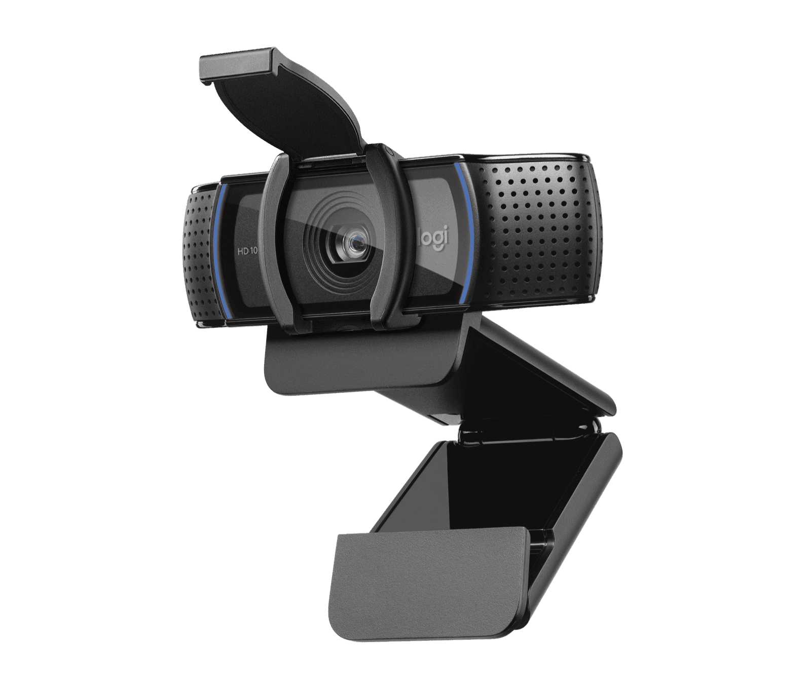 Logitech C920s HD Pro webcam in black with the clip-on privacy shutter fitted over the lens