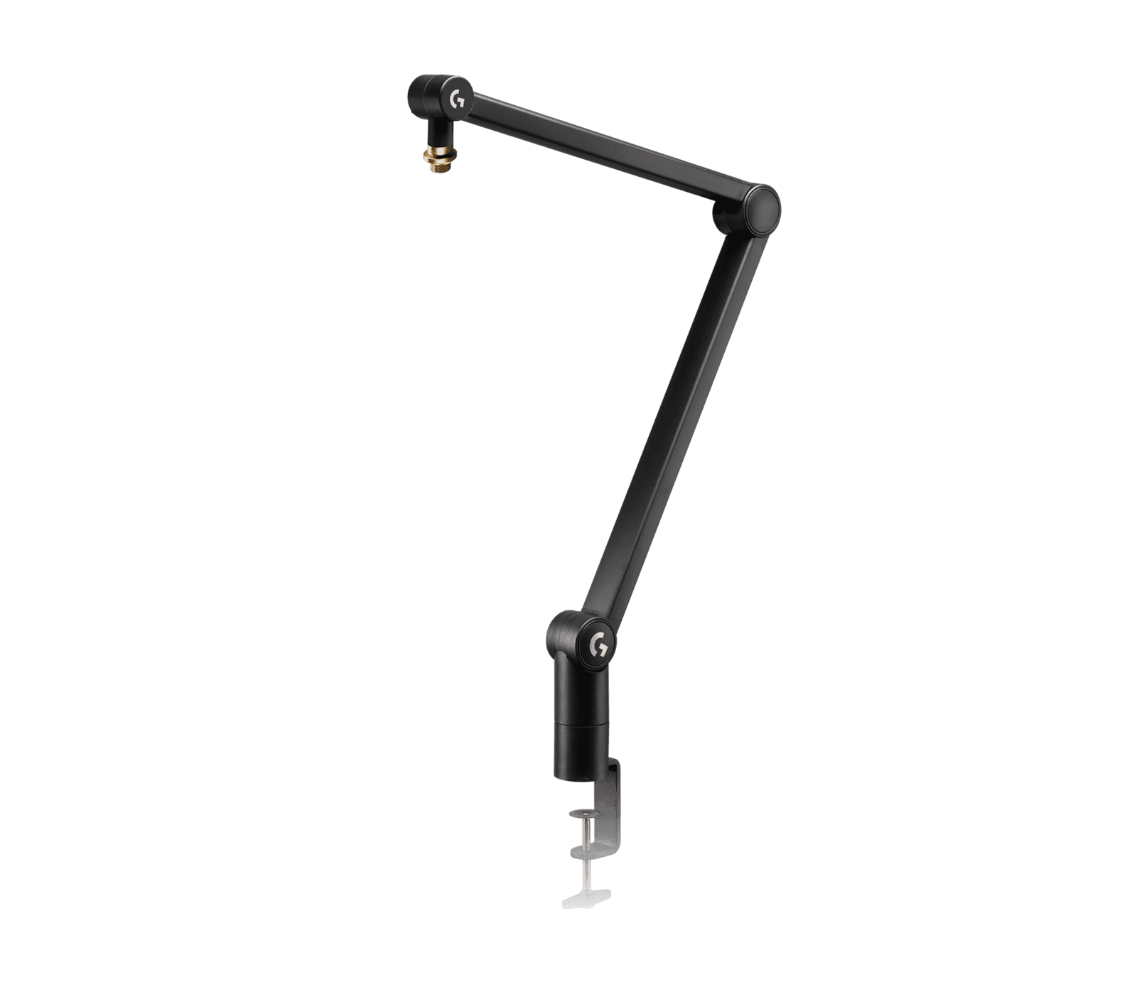 Logitech G Compass broadcast boom arm in black, three-quarter view with the arm extended
