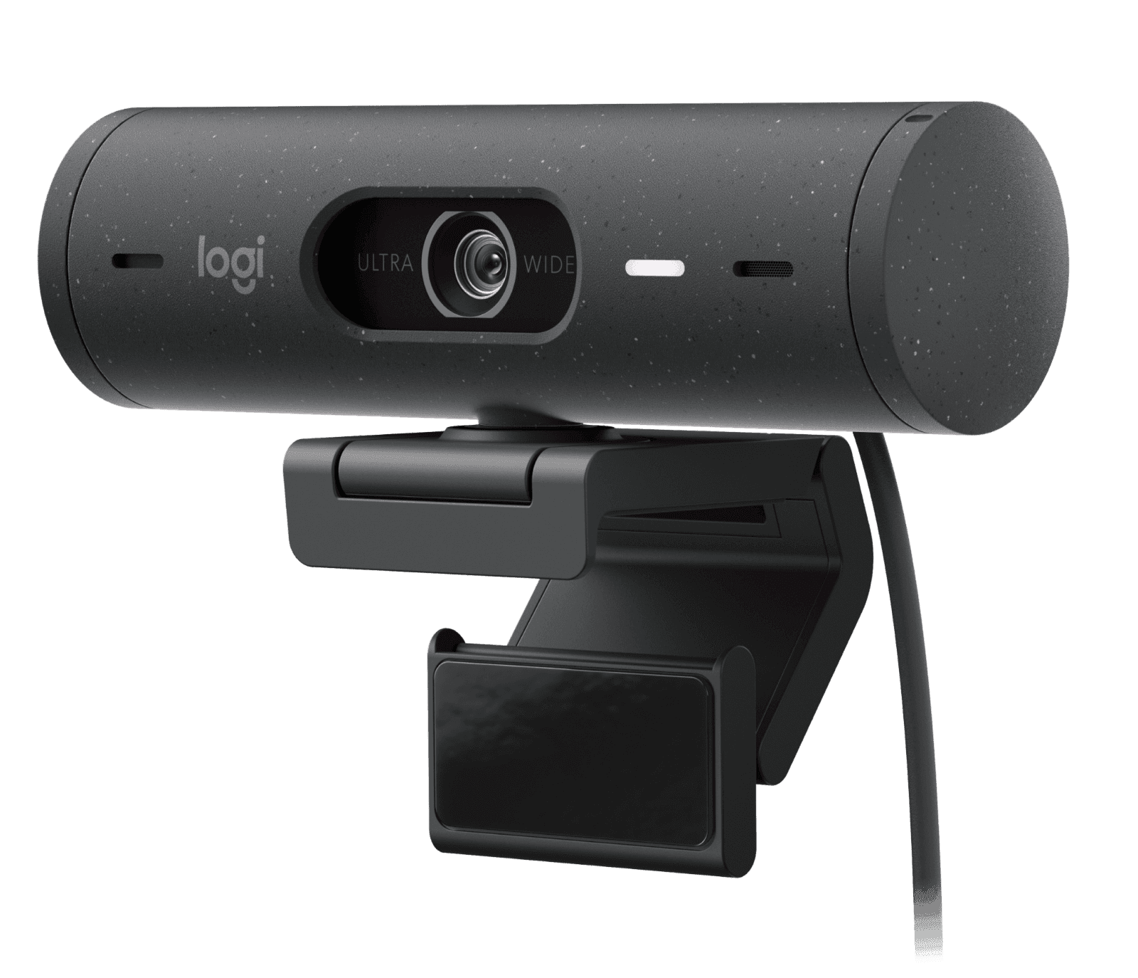 Logitech Brio 500 webcam in graphite on its magnetic tilt mount, front three-quarter view — Logitech publishes one photograph for this camera across its consumer and business part numbers; the hardware is identical.