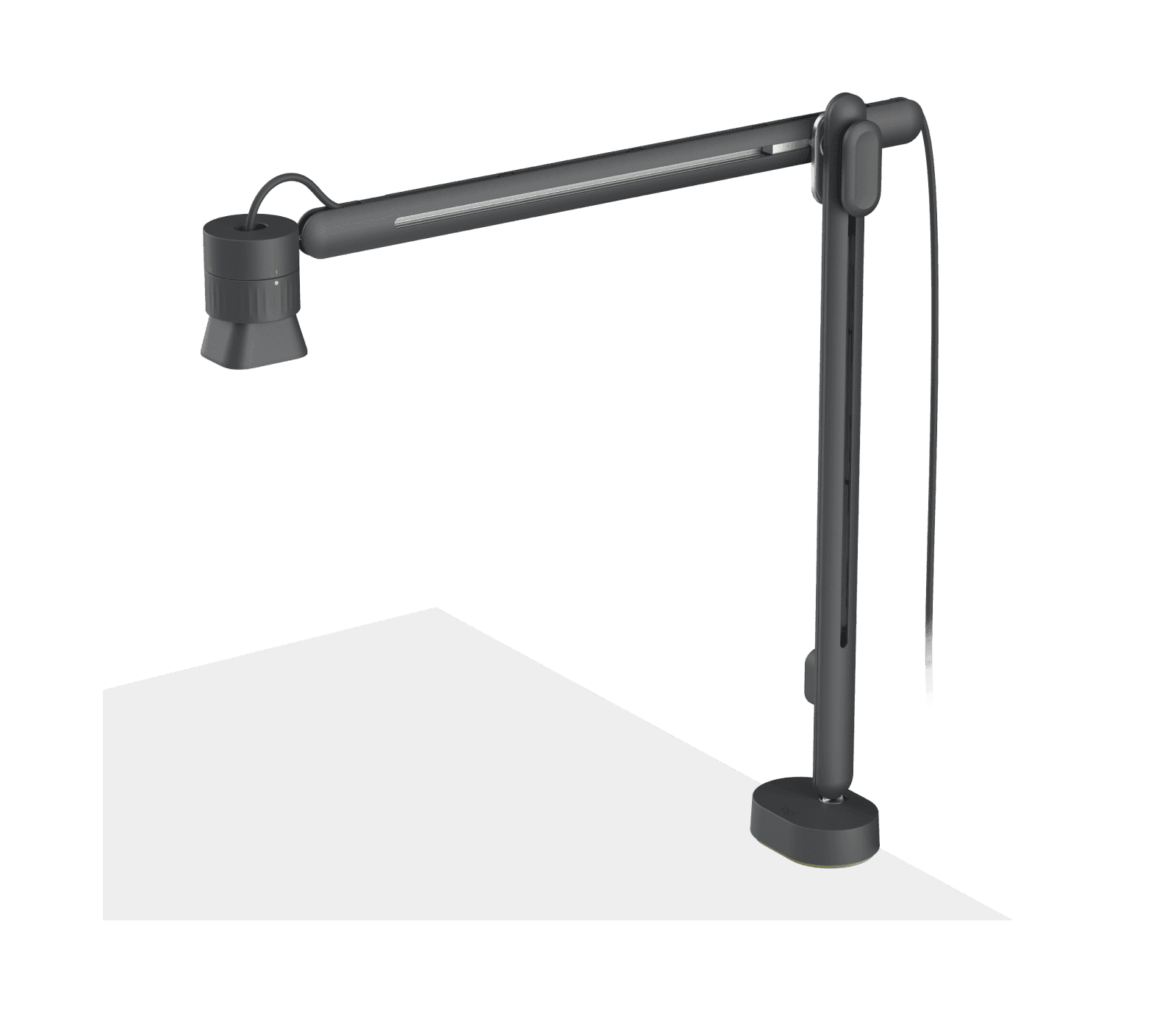 Logitech Reach overhead content camera on its desk clamp, arm extended over a work surface
