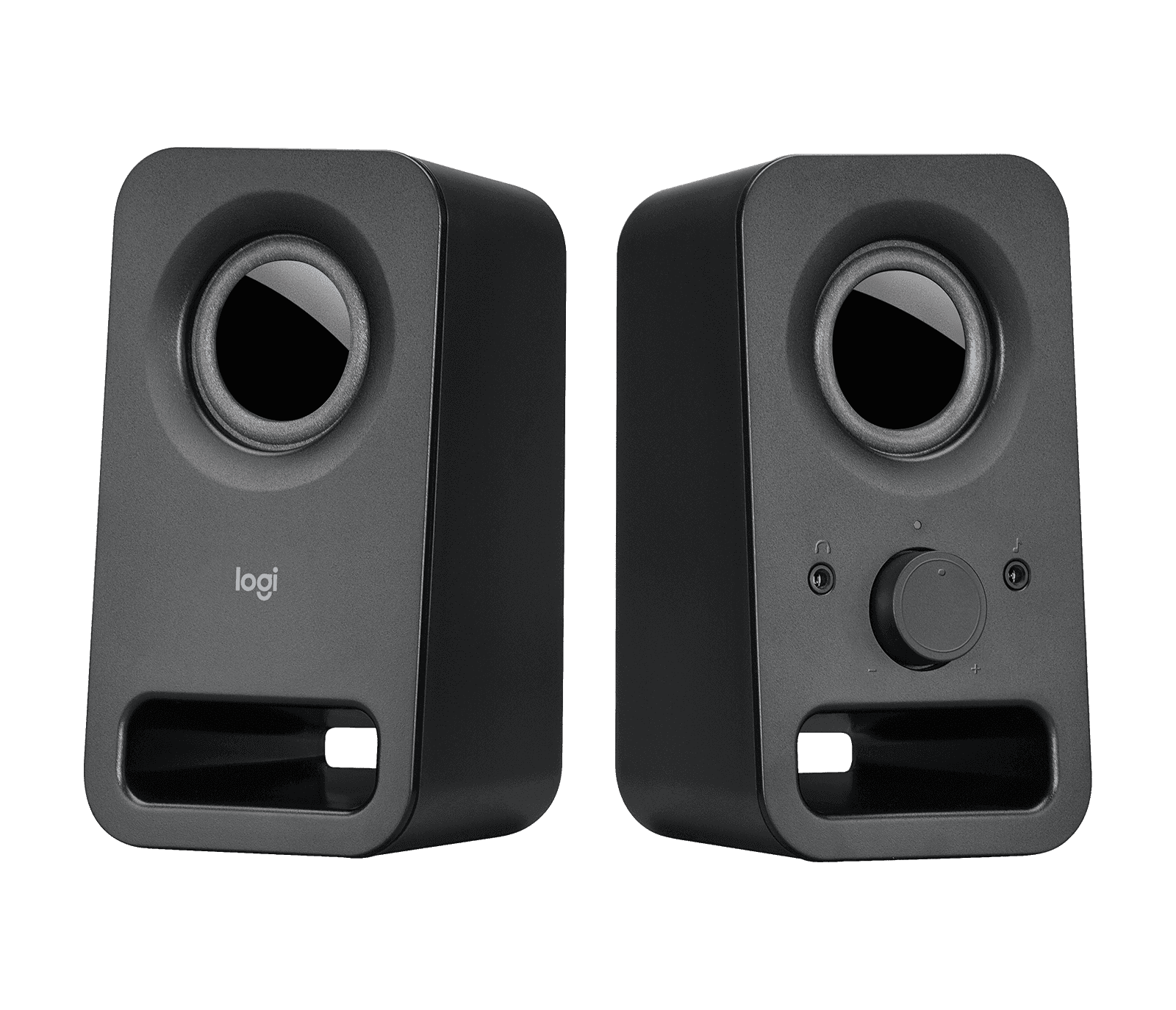 Logitech Z150 stereo speakers in midnight black, both cabinets shown from the front