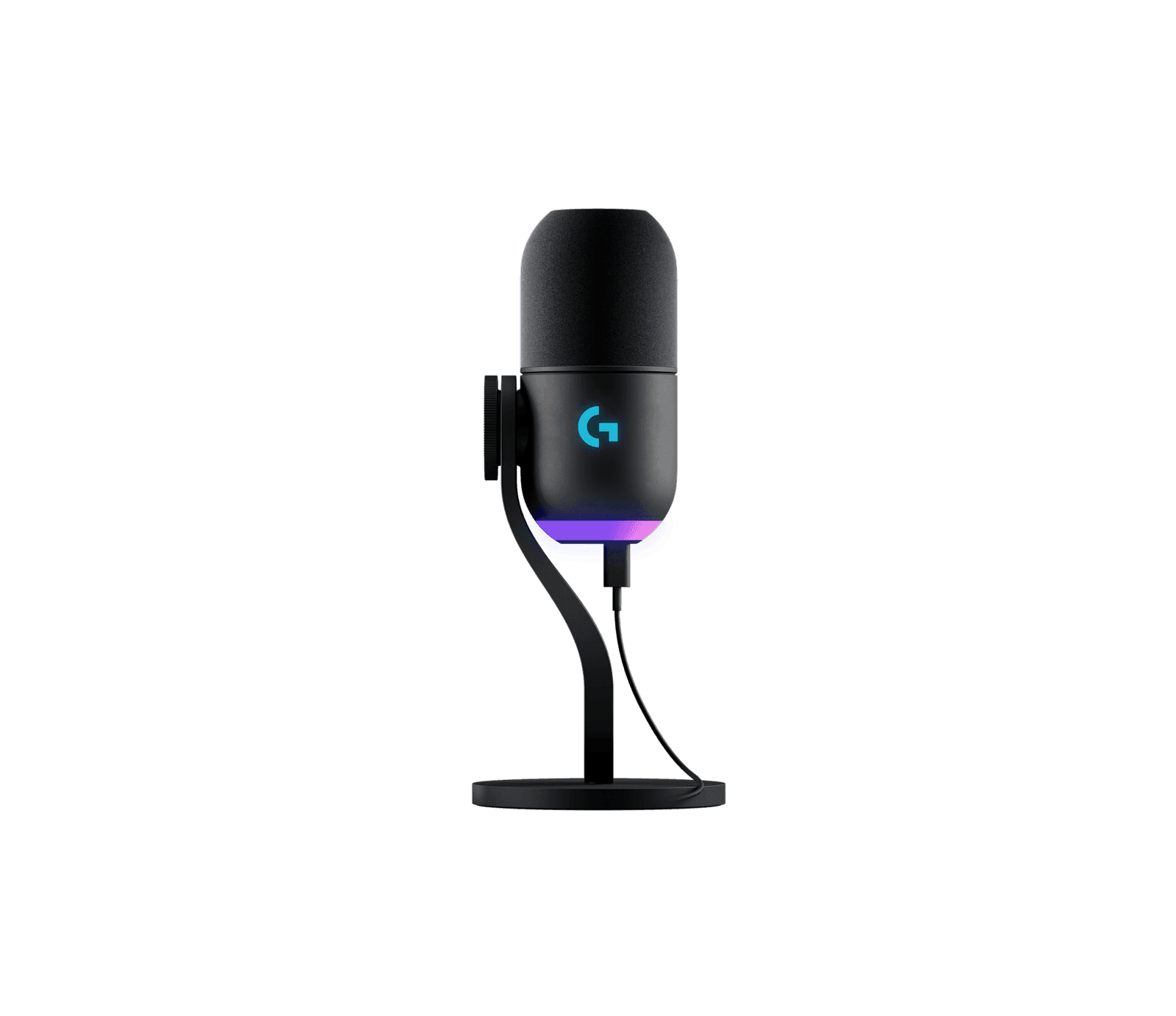 Logitech G Yeti GX microphone in black, front angle on its integrated stand