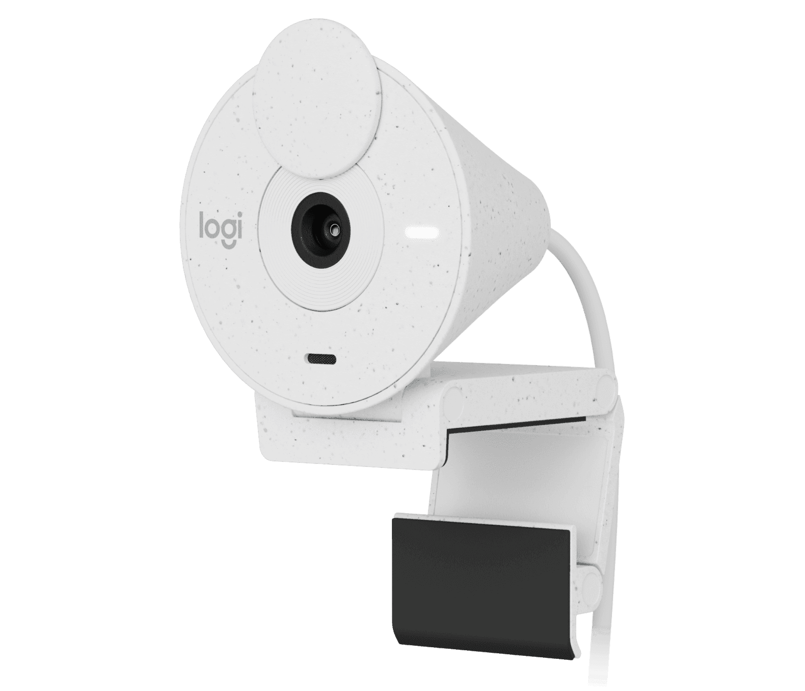 Logitech Brio 300 webcam in off-white, front three-quarter view with the integrated privacy shutter open