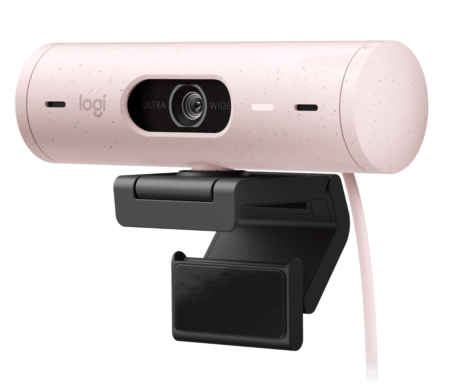 Logitech Brio 500 webcam in rose on its magnetic tilt mount, front three-quarter view