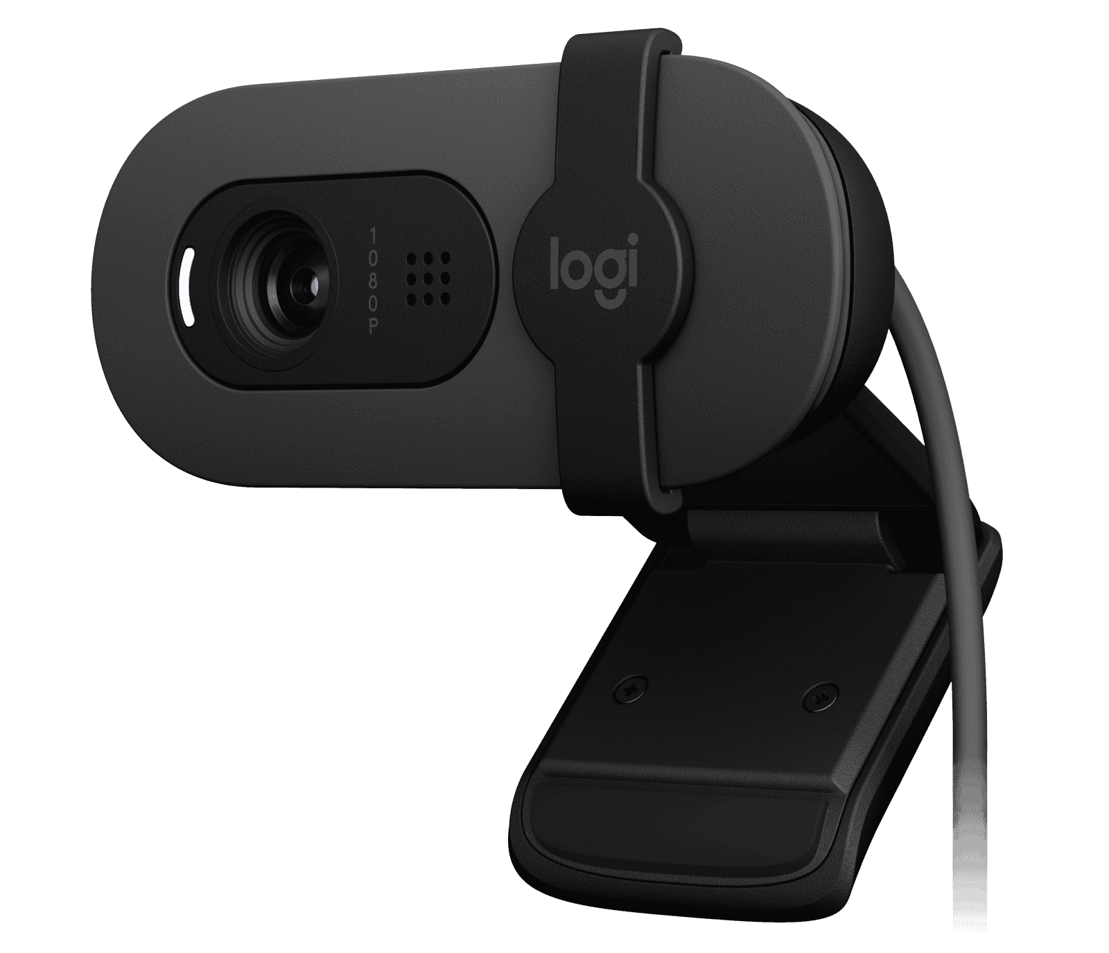 Logitech Brio 100 webcam in graphite, front three-quarter view showing the lens and the sliding privacy shutter — Logitech publishes one photograph for this camera across its consumer and business part numbers; the hardware is identical.