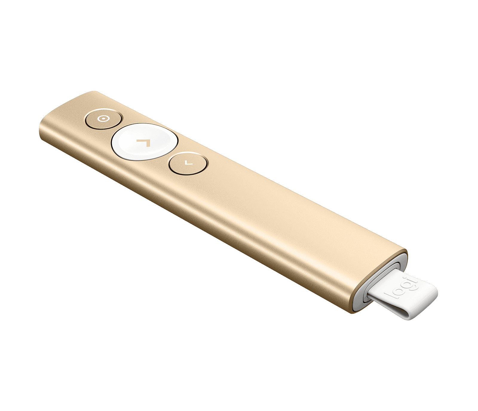 Logitech Spotlight presentation remote in gold, top view showing the three buttons