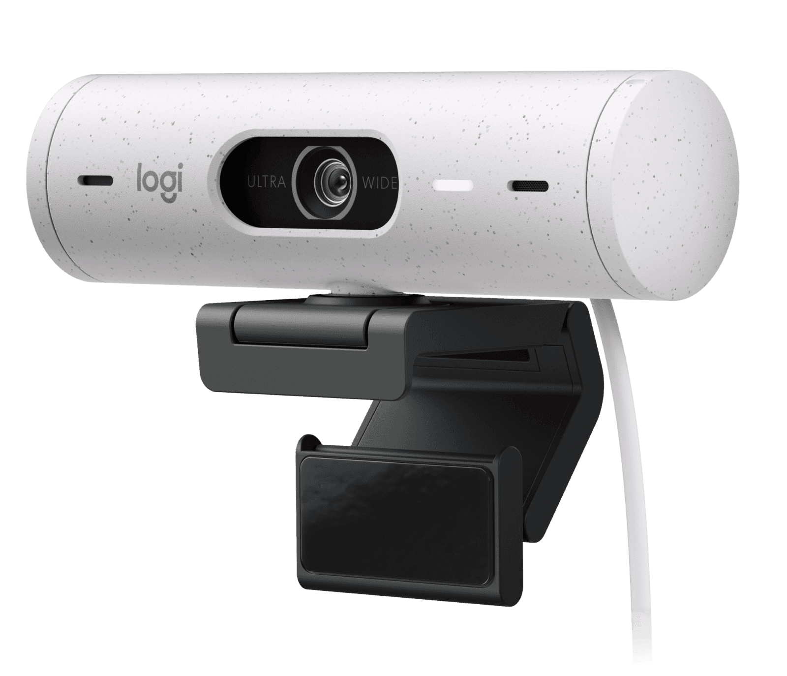 Logitech Brio 500 webcam in off-white on its magnetic tilt mount, front three-quarter view