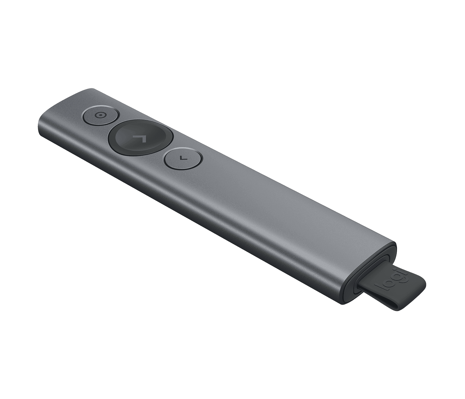 Logitech Spotlight presentation remote in slate, top view showing the three buttons