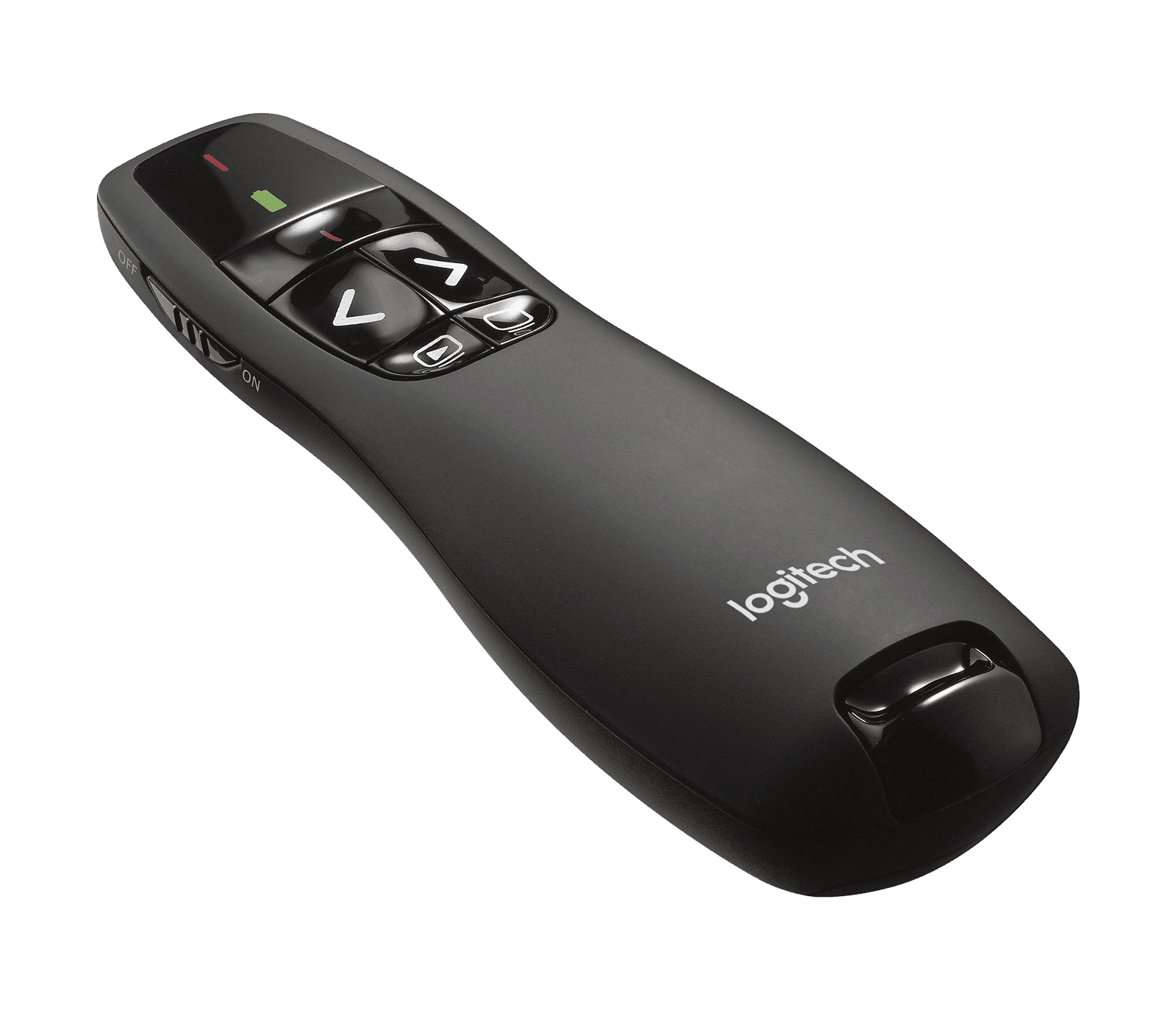 Logitech R400 wireless presenter in black, top view showing the five buttons