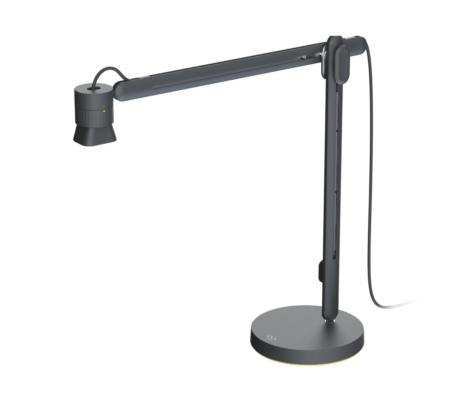 Logitech Reach overhead content camera on its weighted desk base, arm extended over a work surface