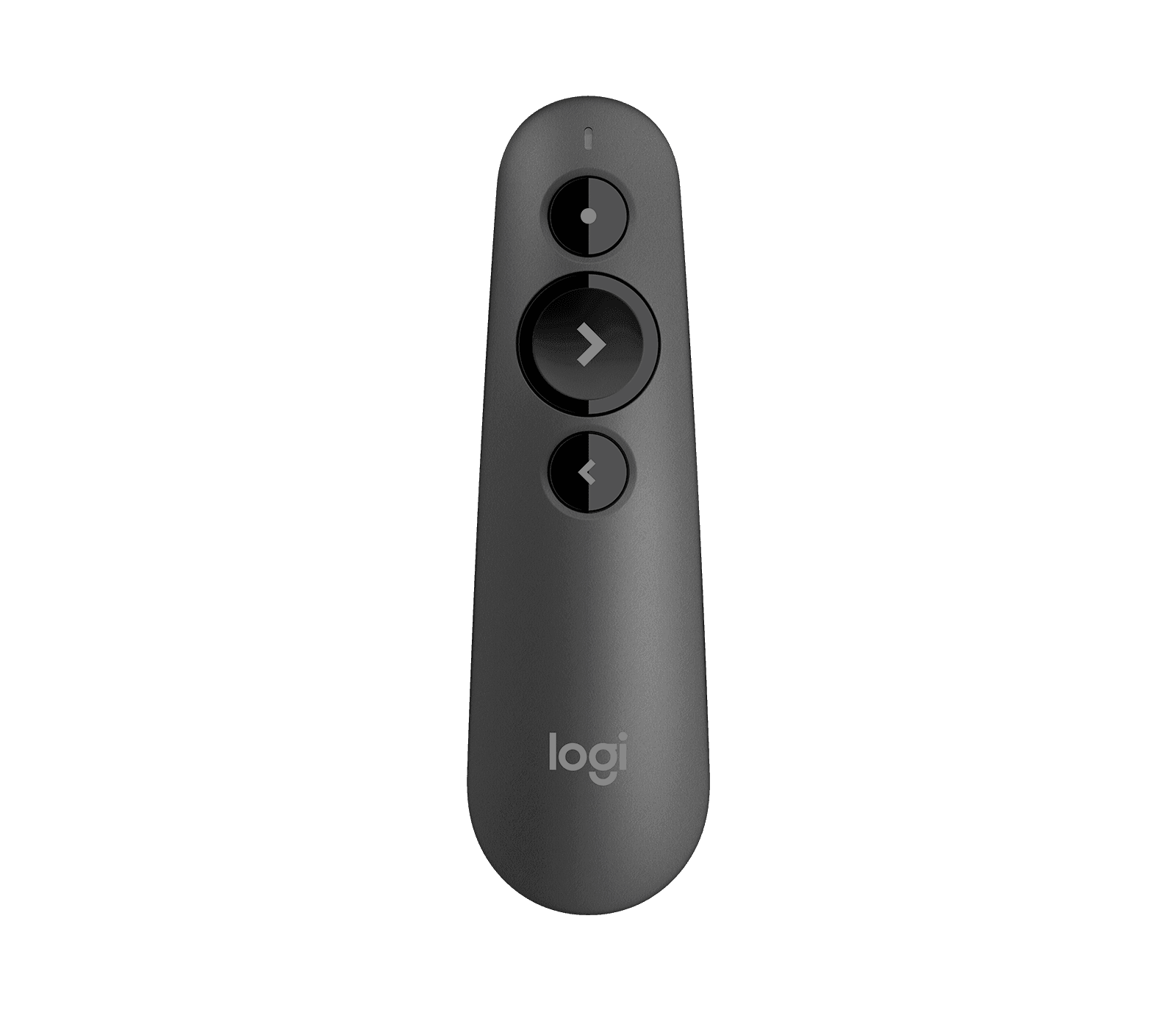 Logitech R500s presentation remote in graphite, top view showing the three buttons and laser window