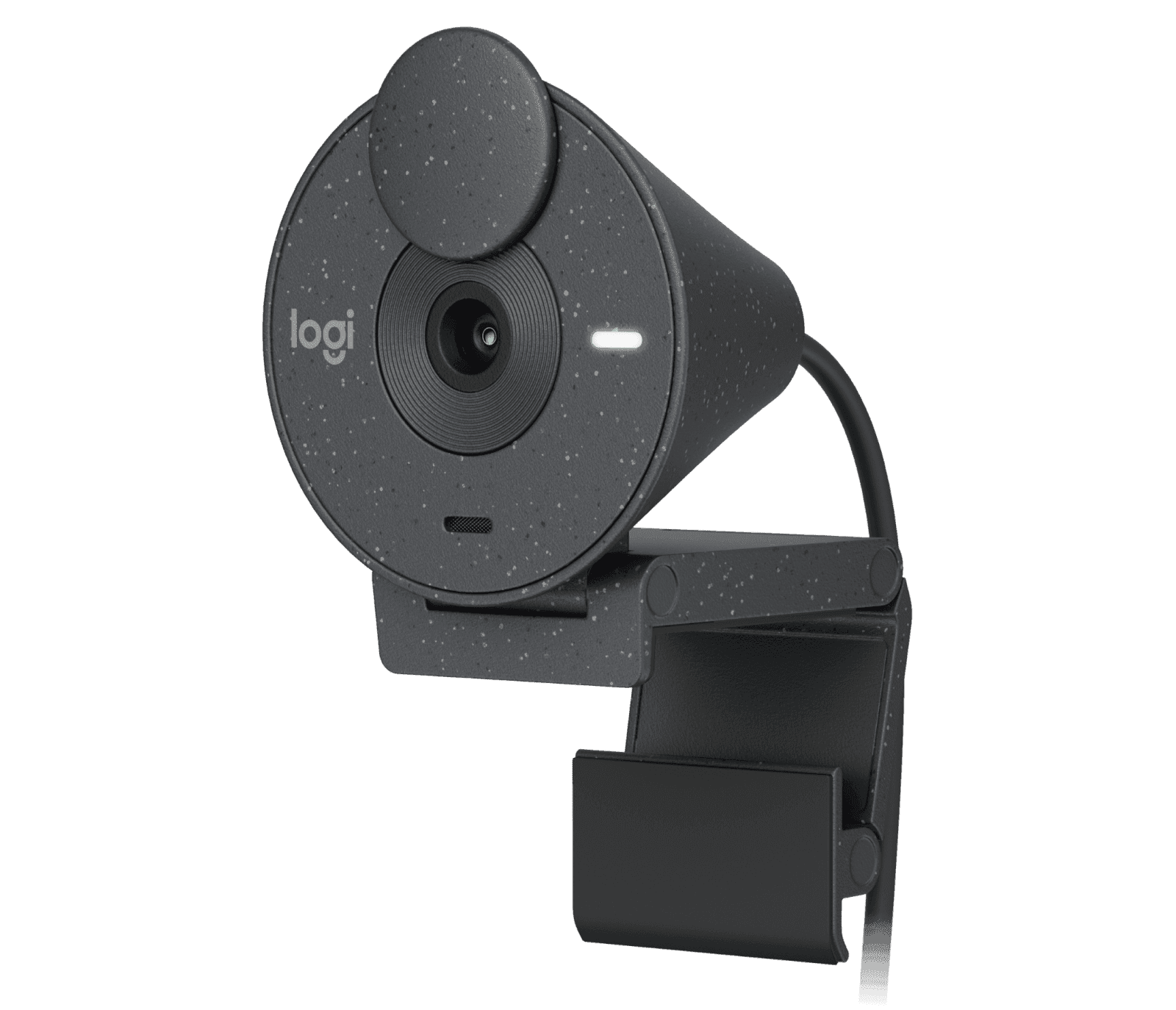 Logitech Brio 300 webcam in graphite, front three-quarter view with the integrated privacy shutter open — Logitech publishes one photograph for this camera across its consumer and business part numbers; the hardware is identical.