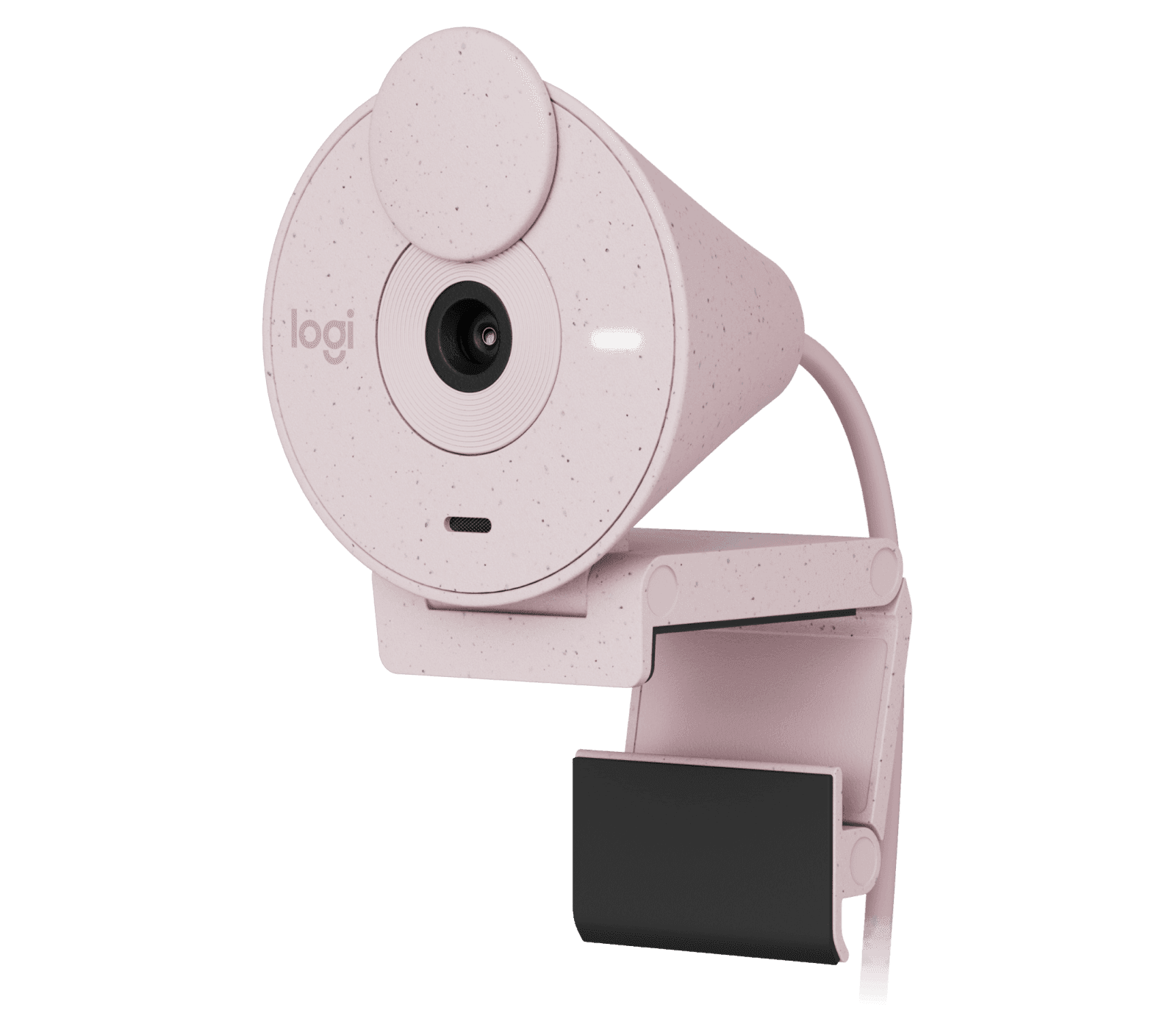 Logitech Brio 300 webcam in rose, front three-quarter view with the integrated privacy shutter open
