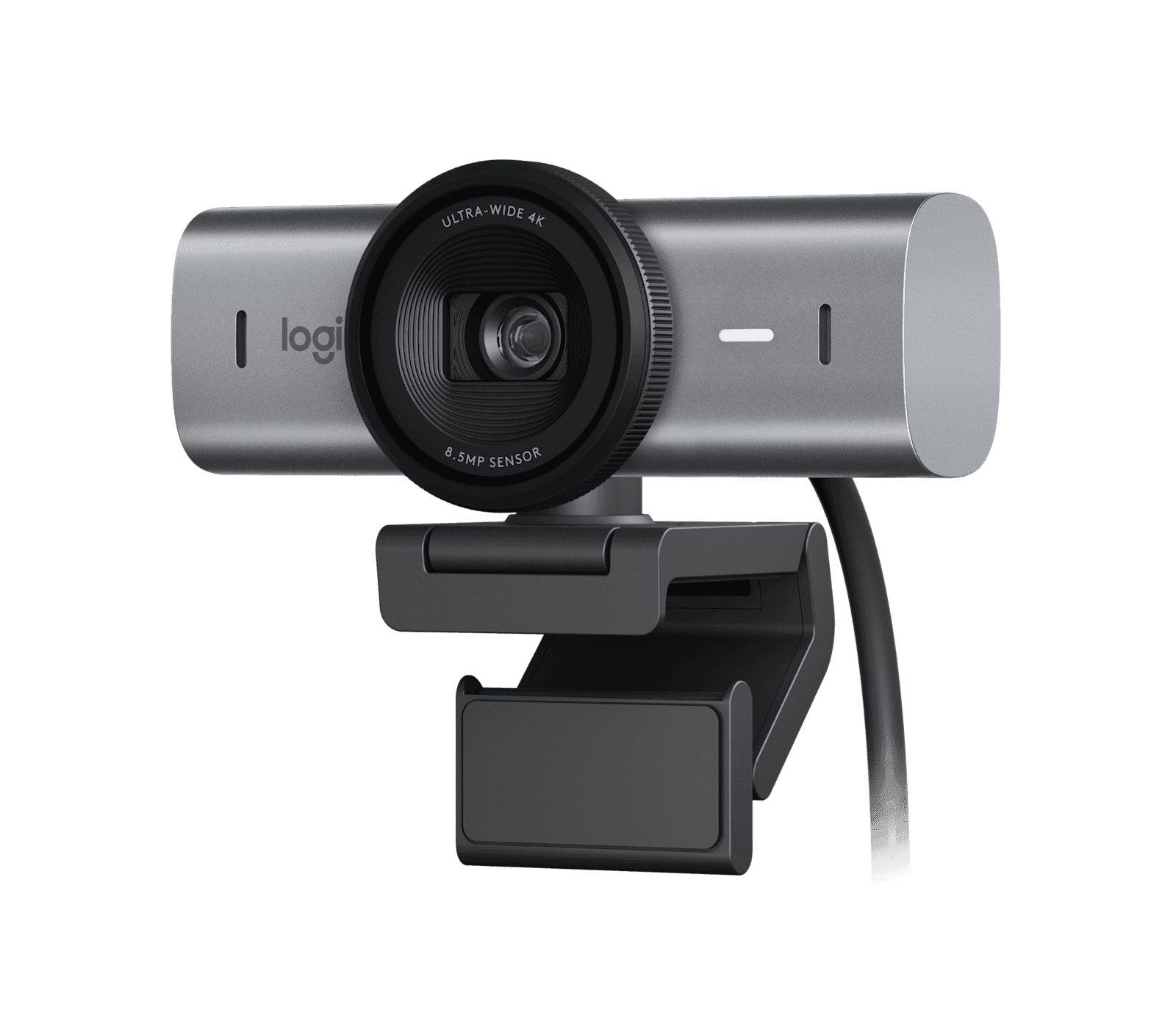 Logitech MX Brio in graphite, front three-quarter view showing the machined aluminium barrel and lens