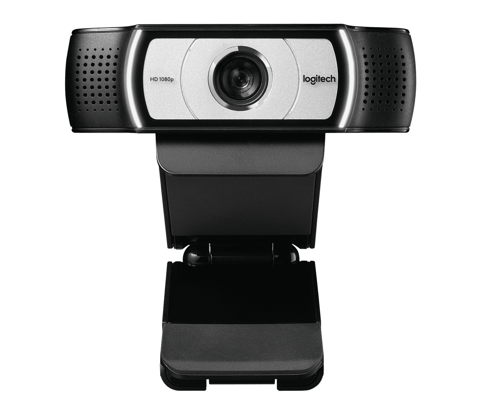 Logitech C930e business webcam in black, front three-quarter view on its clip