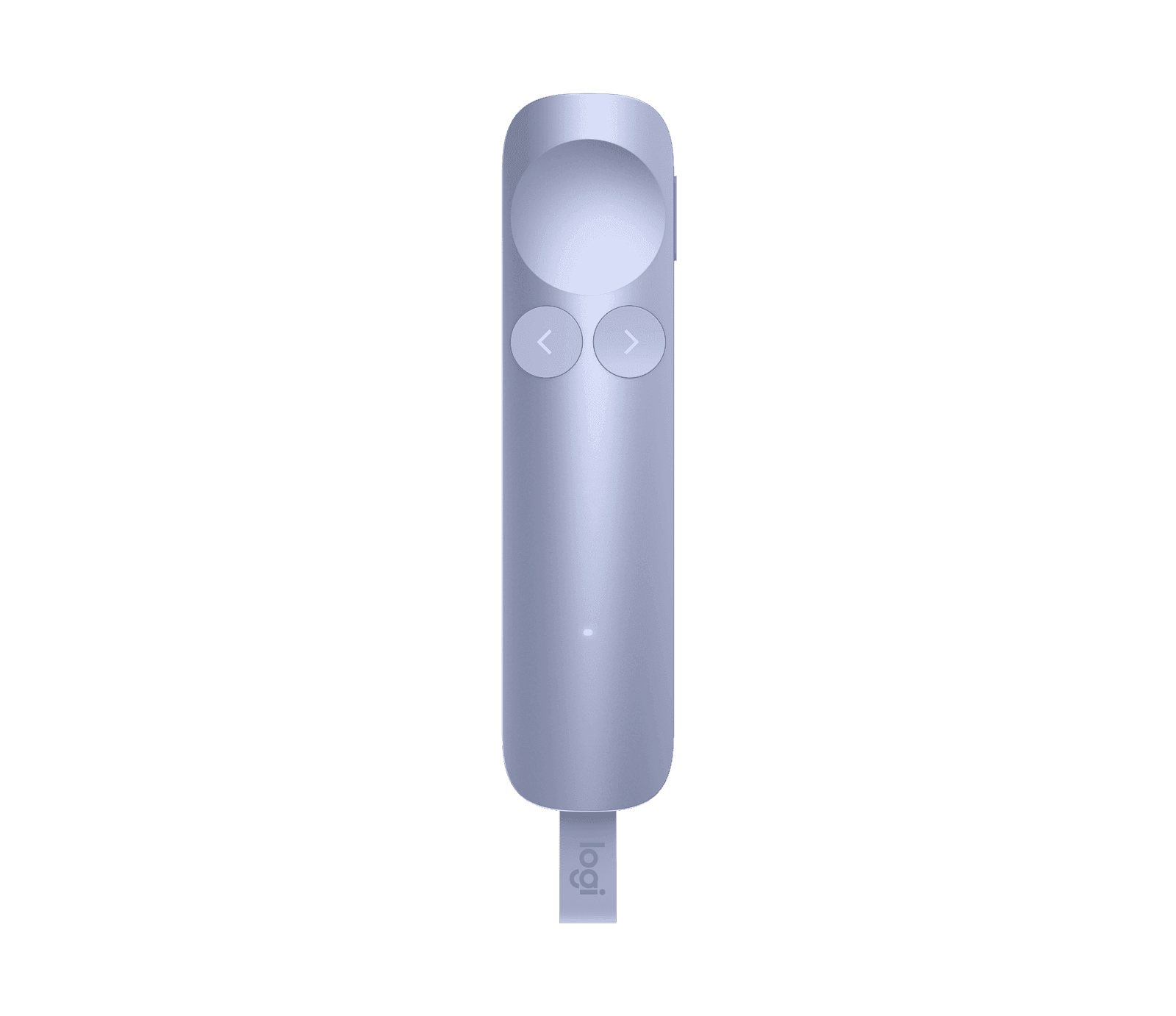 Logitech Spotlight 2 presentation remote in light lilac, viewed from the top showing the three buttons