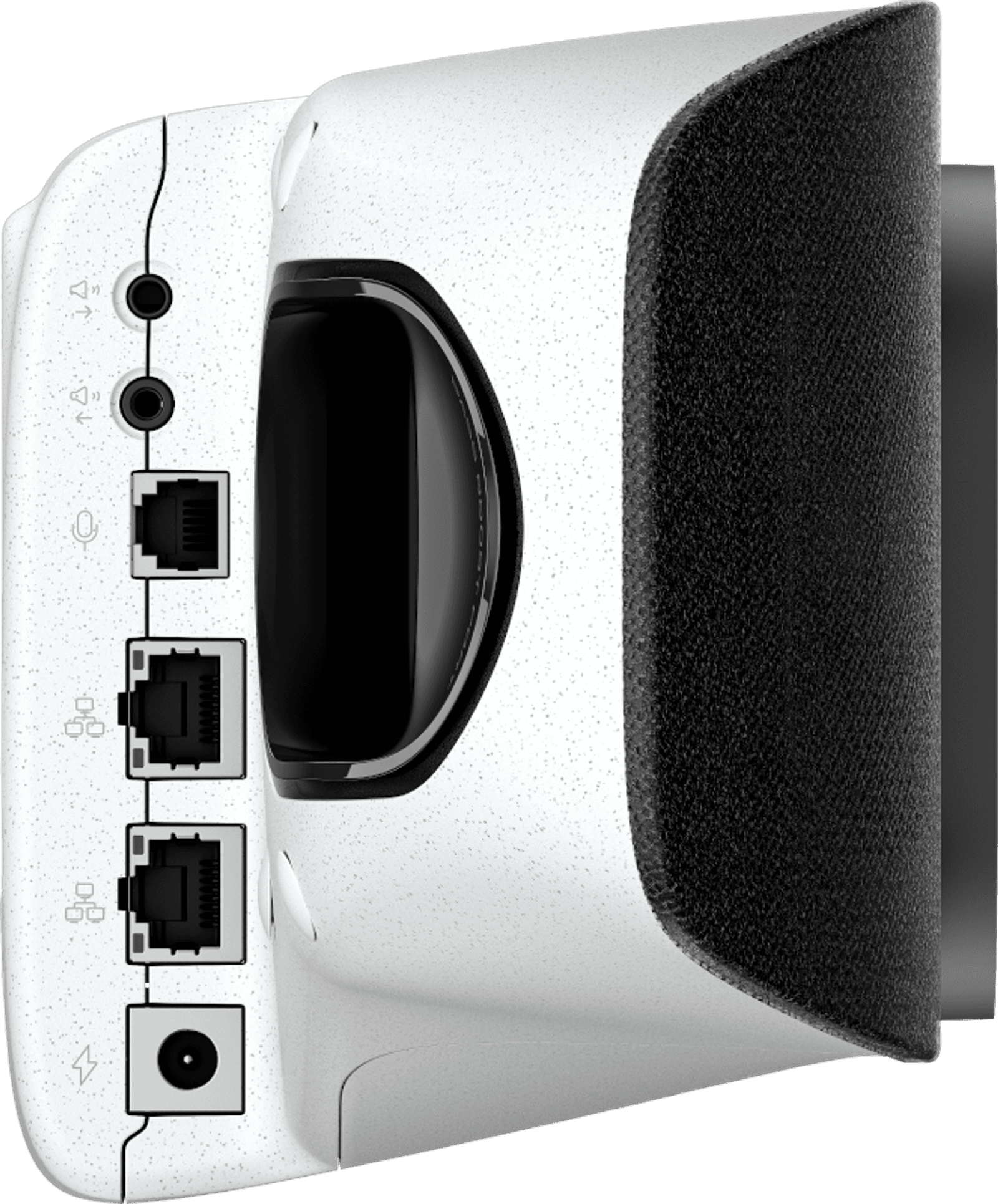 Poly Studio X72 all-in-one video bar, three-quarter rear view showing the connector bay