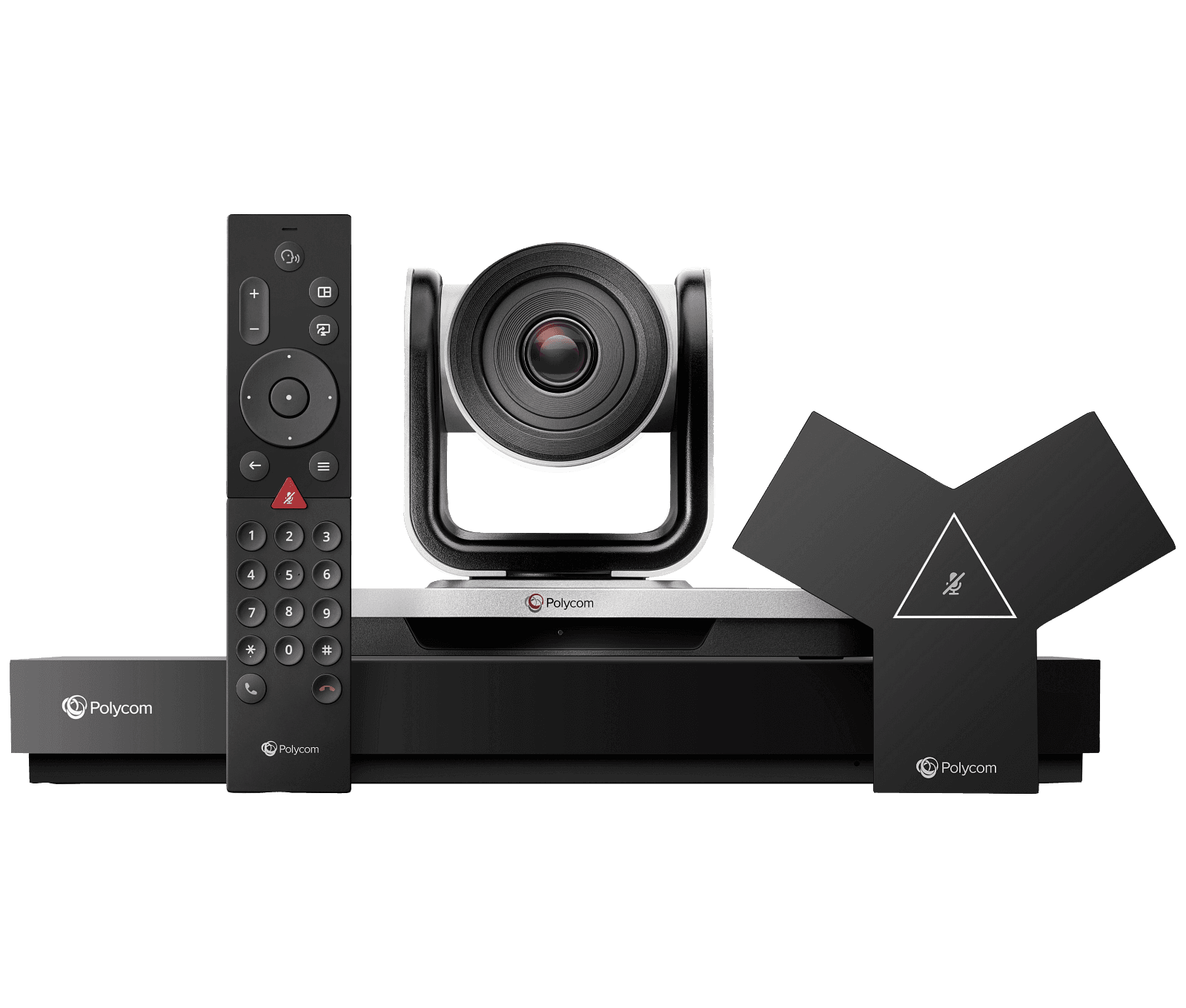 HP's Poly G7500 family image, showing the codec with an EagleEye camera, IP microphones and remote - this part number is the codec only; the camera, microphones and remote are ordered separately