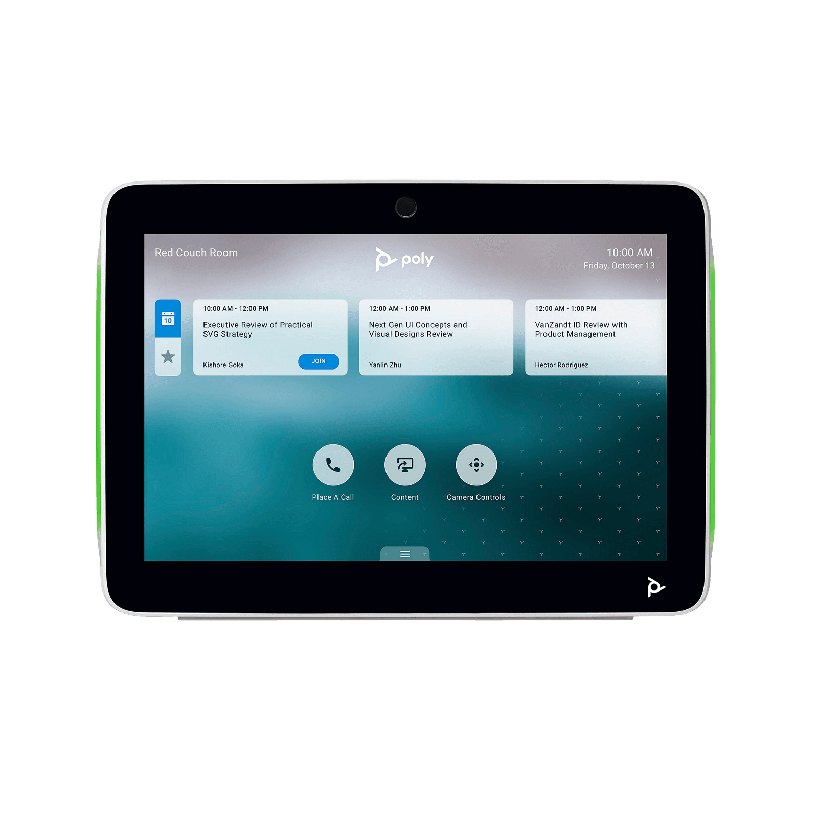 Poly TC10 touch controller in white, front view of the ten-inch panel