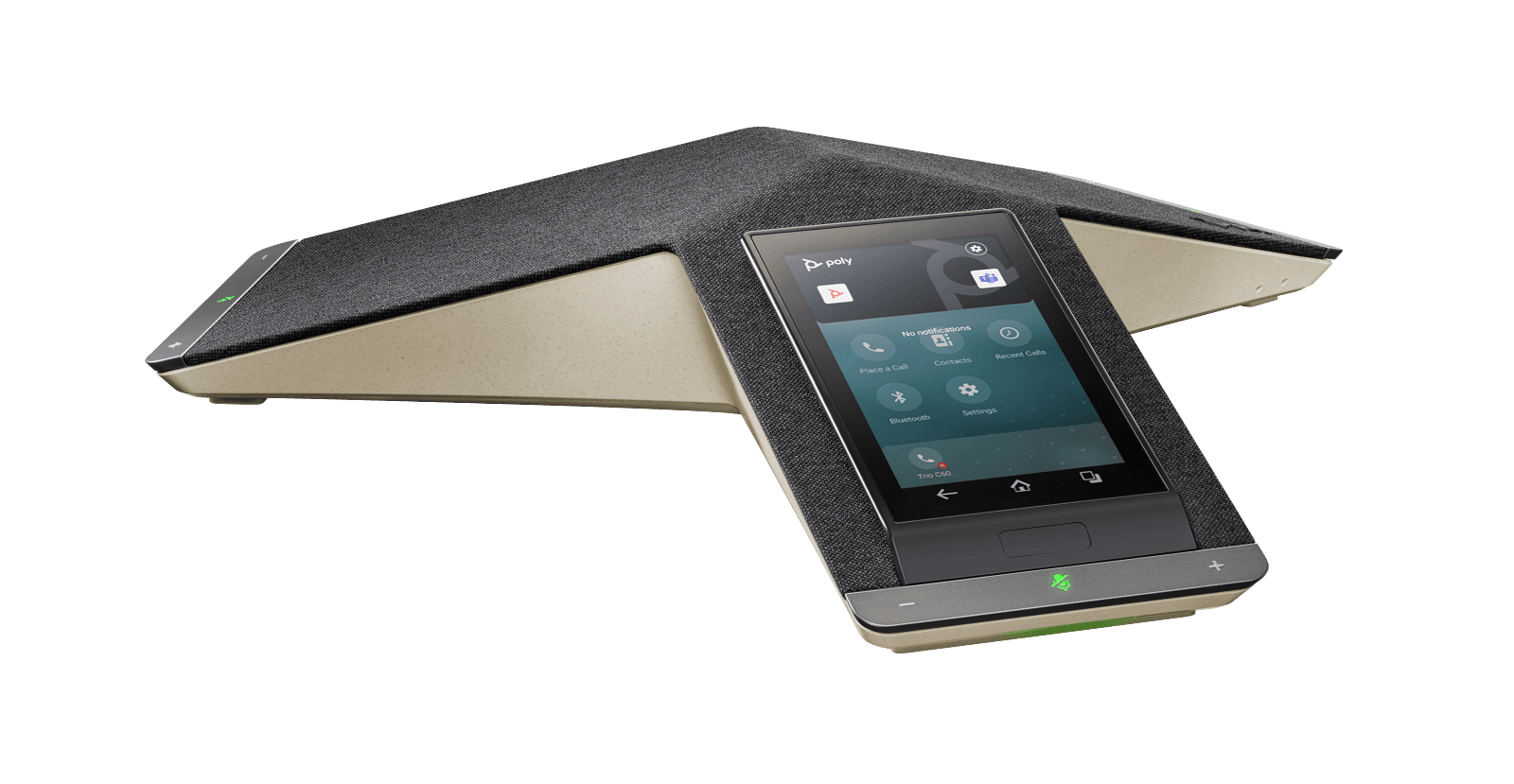 Poly Trio C60 IP conference phone, three-quarter view showing the touchscreen and microphone arms