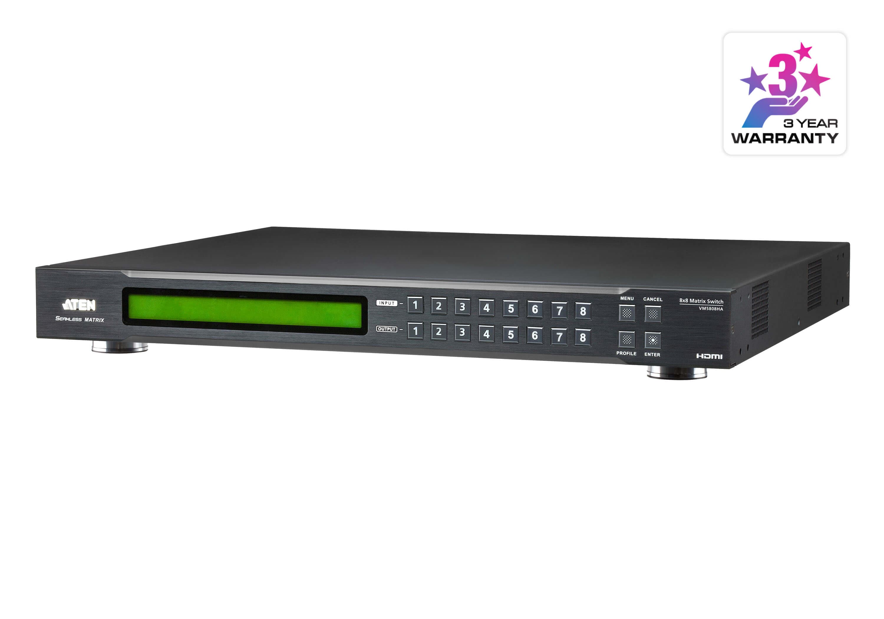 ATEN VM5808HA 8 x 8 HDMI matrix switch with scaler, three-quarter view of the rack-mount chassis