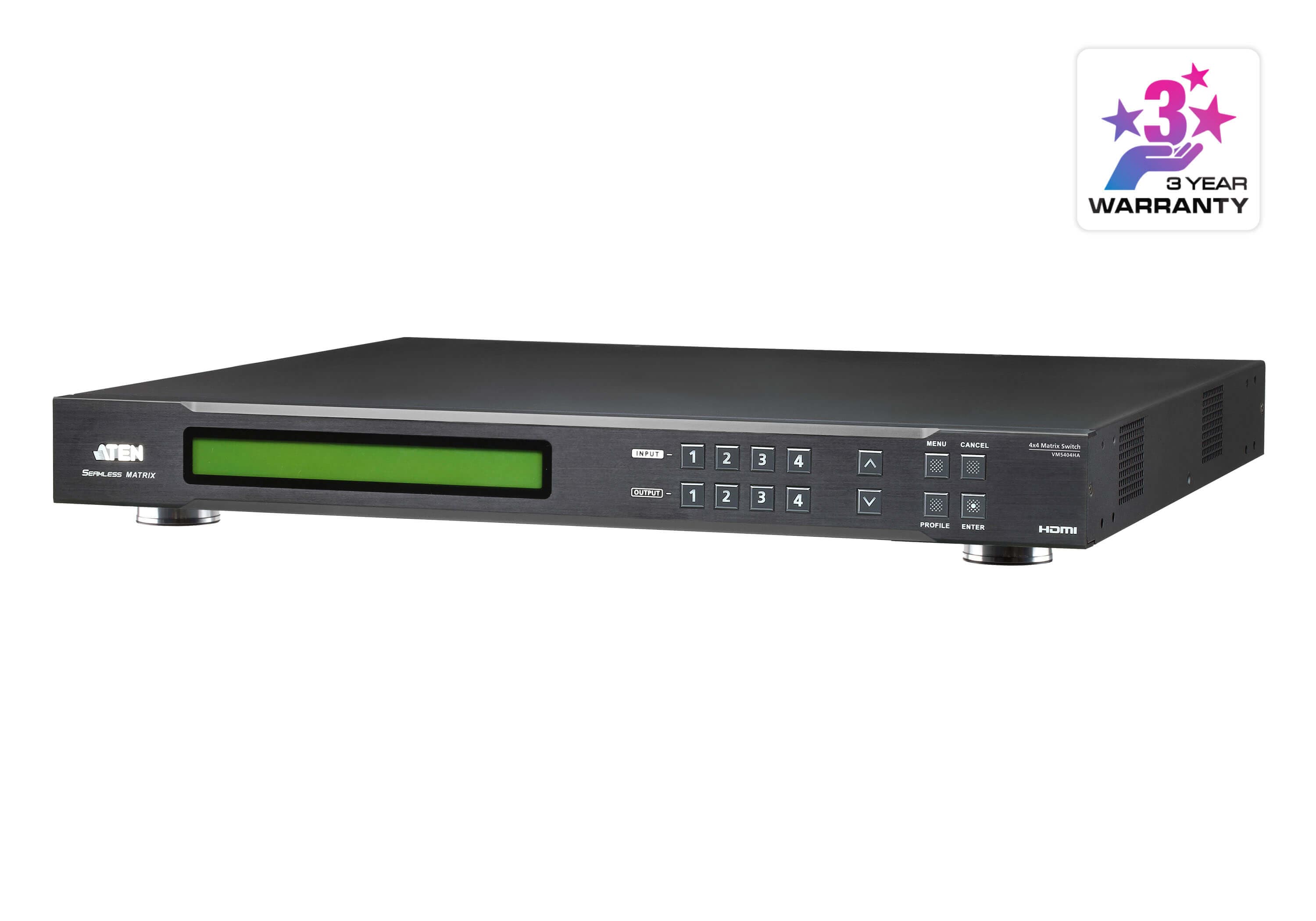 ATEN VM5404HA 4 x 4 HDMI matrix switch with scaler, three-quarter view of the rack-mount chassis