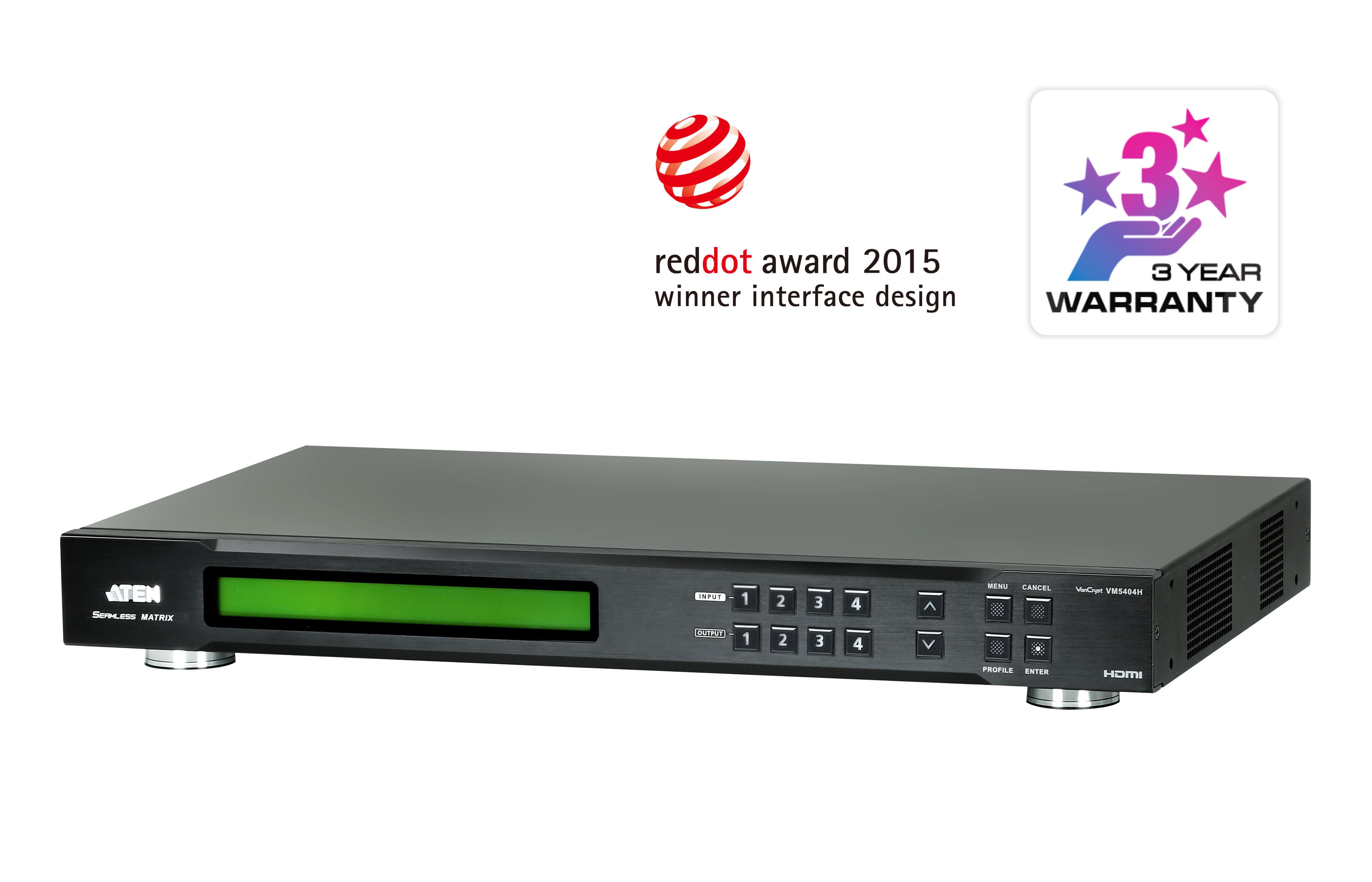 ATEN VanCryst VM5404H 4 x 4 HDMI matrix switch with scaler, front three-quarter view