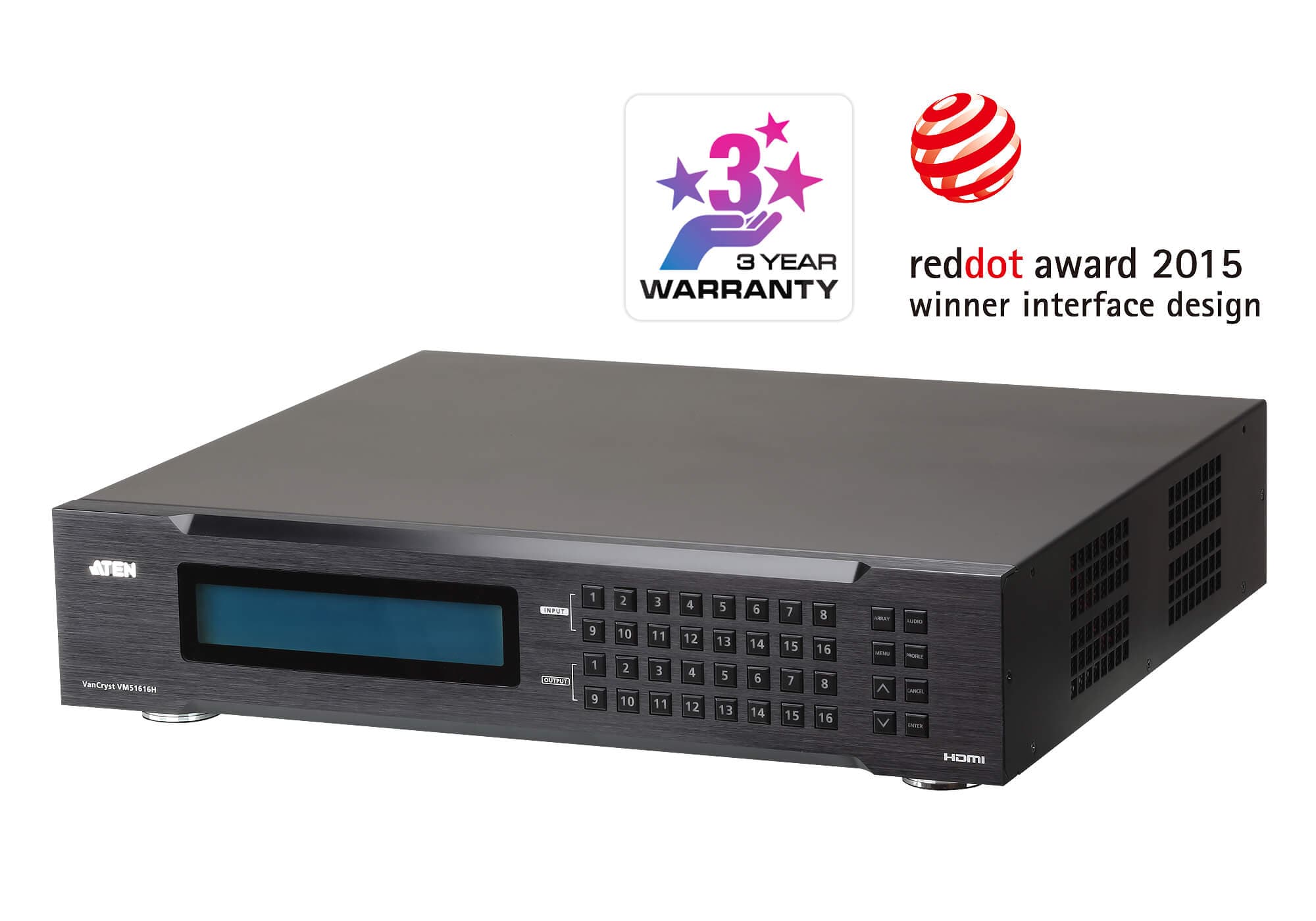 ATEN VM51616H 16 x 16 HDMI matrix switch with scaler, three-quarter view of the 2U chassis