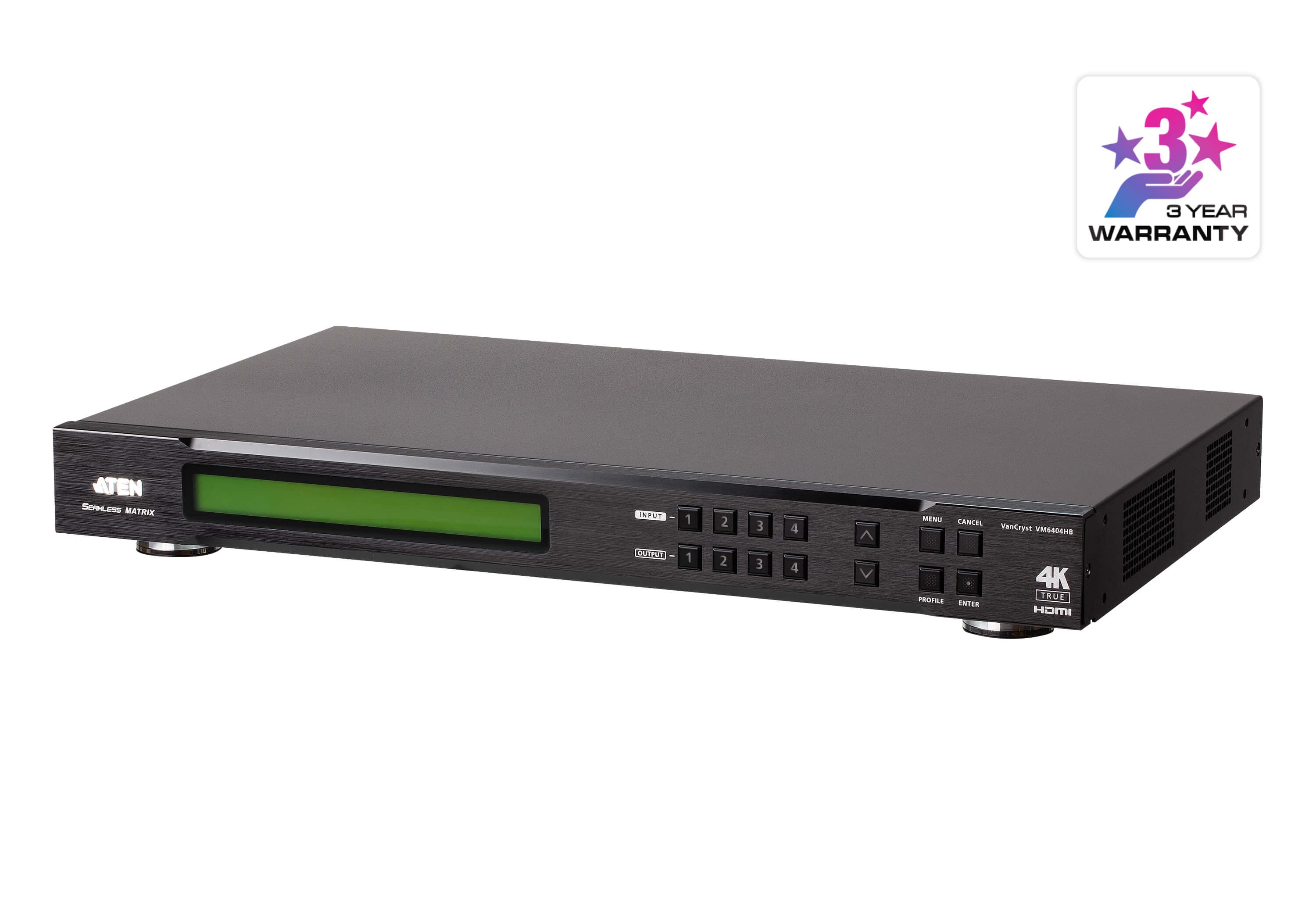 ATEN VanCryst VM6404HB 4 x 4 True 4K HDMI matrix switch with scaler, three-quarter view