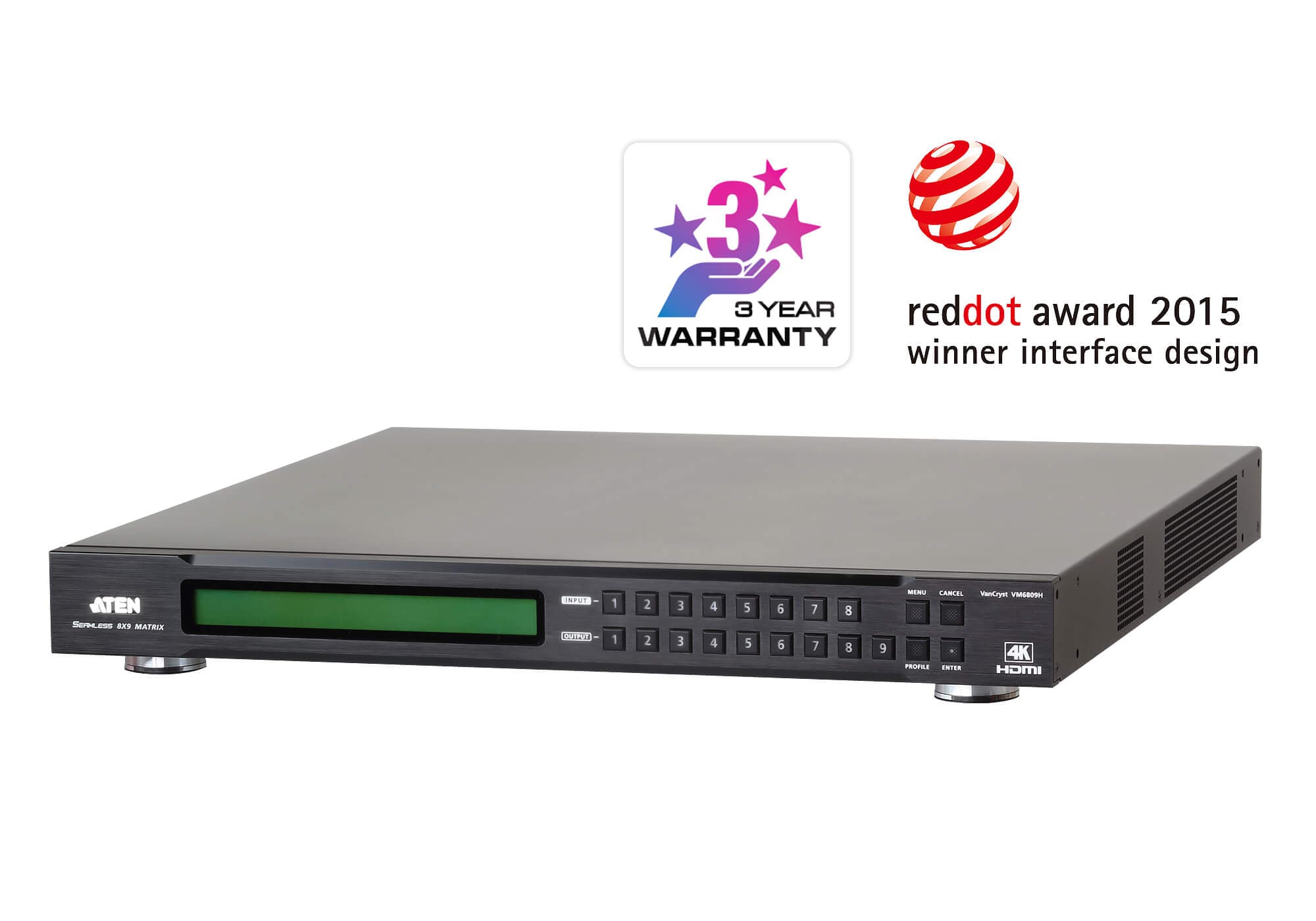 ATEN VM6809H 8 x 9 4K HDMI matrix switch with scaler, three-quarter view of the rack chassis